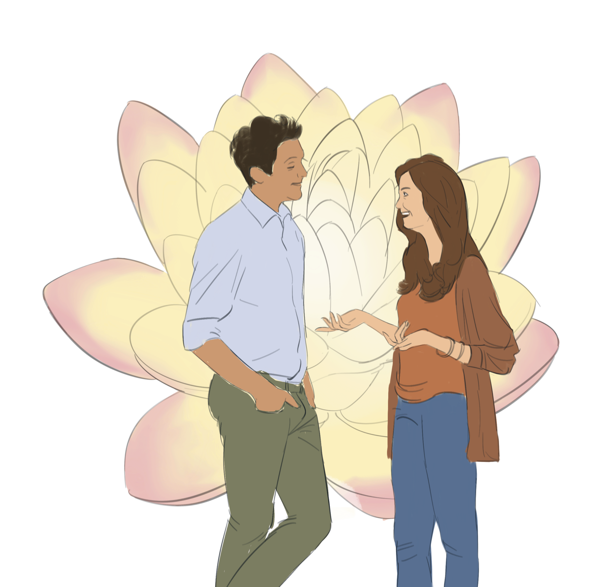 An illustrated man and woman talking, standing in front of a large, glowing yellow flower with pink tips.