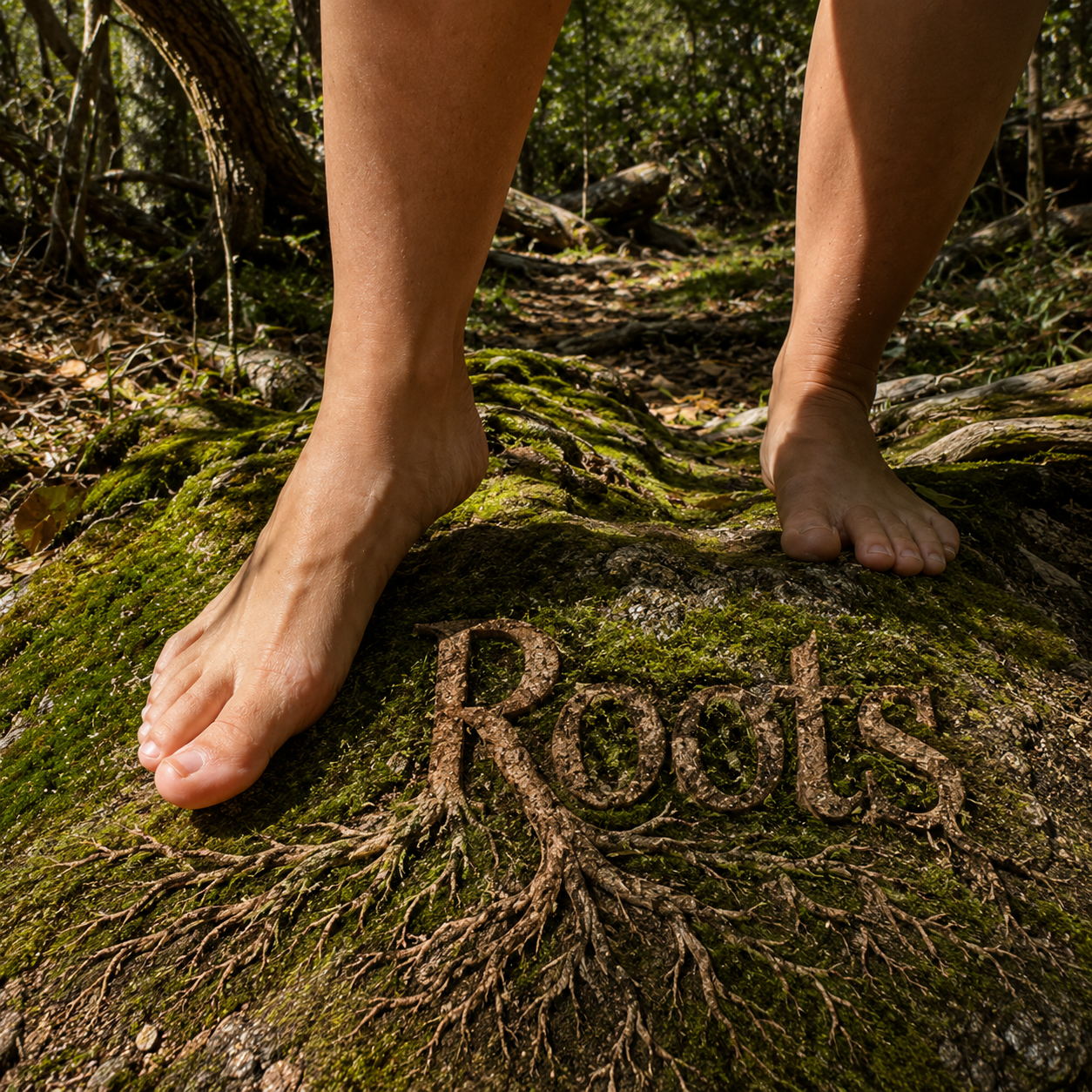 Close-up of bare feet standing on a moss-covered tree trunk in a forest, with the word 'Roots' carved into the moss and roots at the base of the trunk.