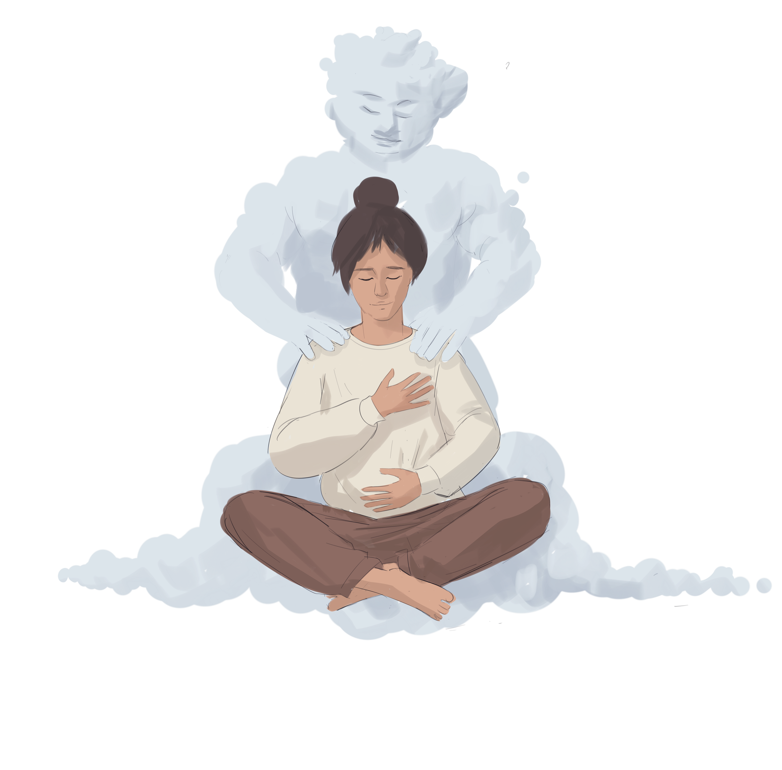 A person meditating on a cloud with a transparent figure behind them, gently holding their shoulders.