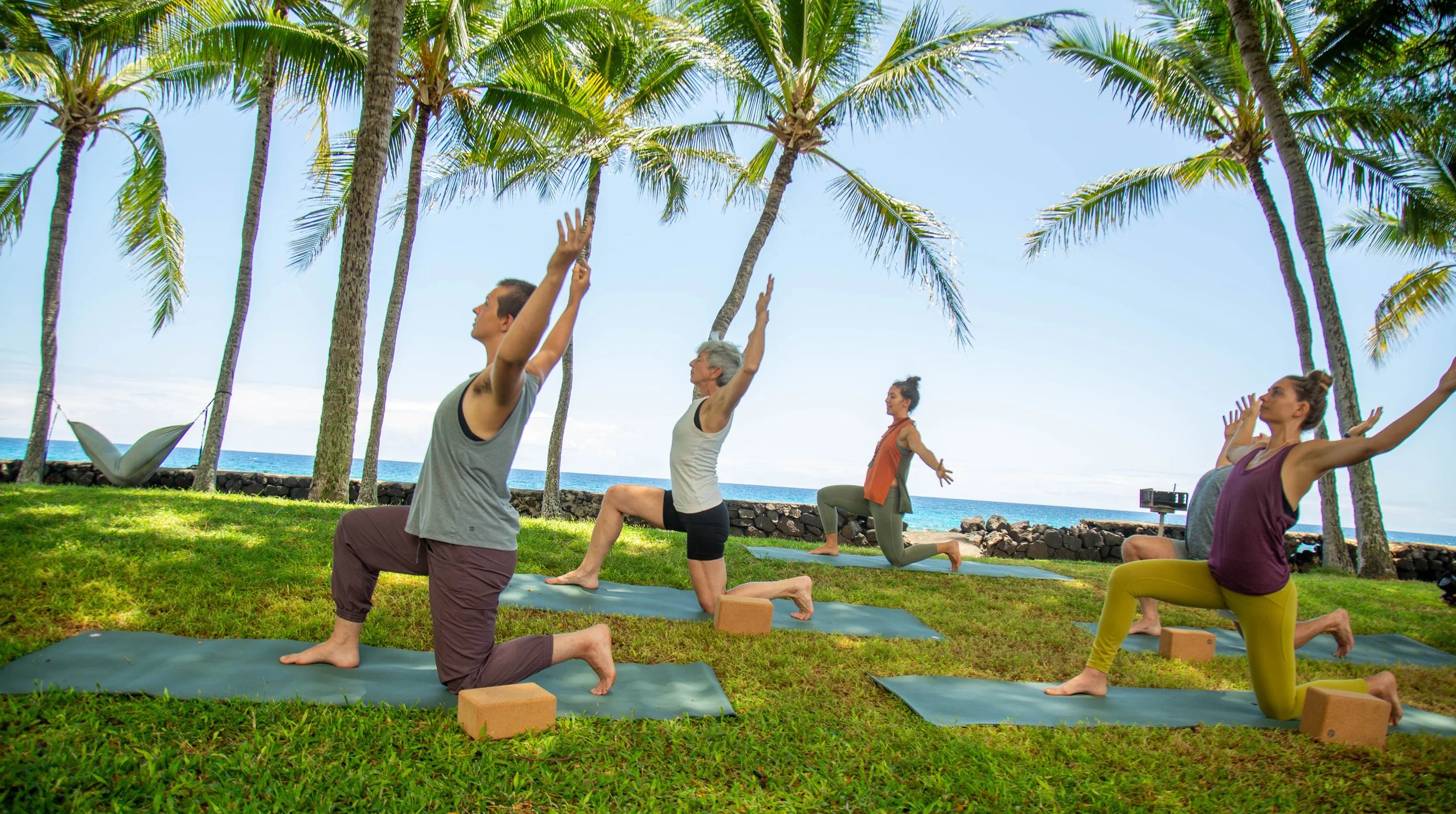 Group of five people practicing yoga outdoors on grass near palm trees by the ocean, with some in modified warrior pose, using yoga mats and bricks for support.