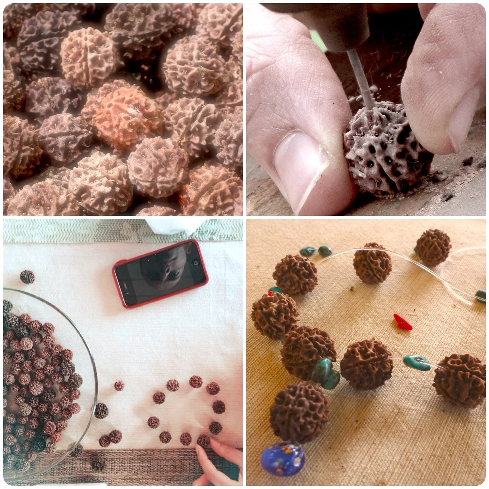 A work in progress rudraksha seed mala necklace.