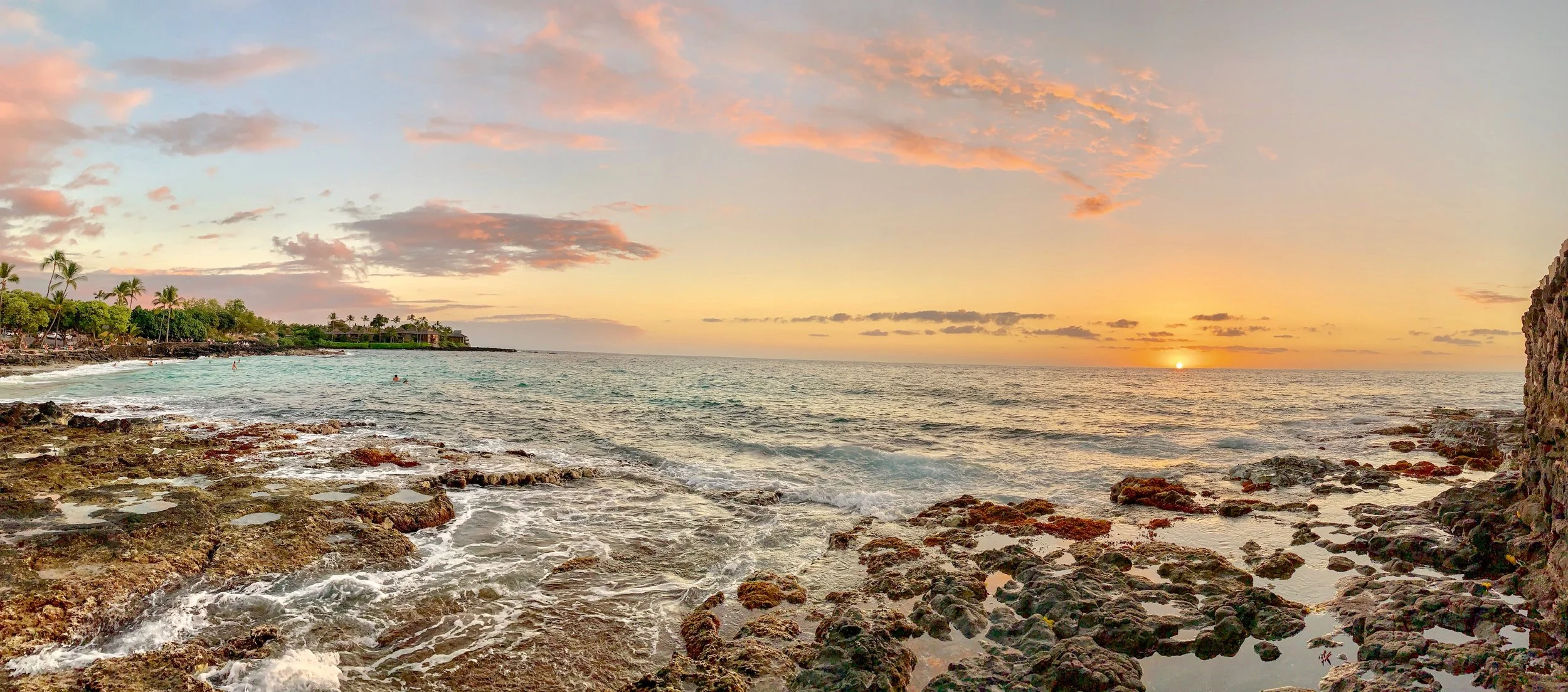 Sunset over the ocean with rocky shoreline, palm trees, and a distant horizon.