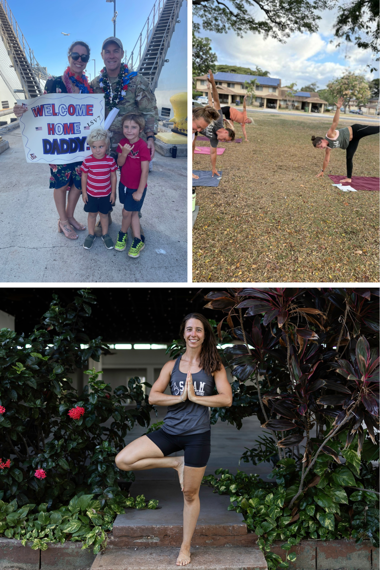 Collage of three photos: 1) A military family at airport with a welcome home sign, 2) Group practicing yoga outdoors, 3) Woman doing yoga pose indoors surrounded by plants.