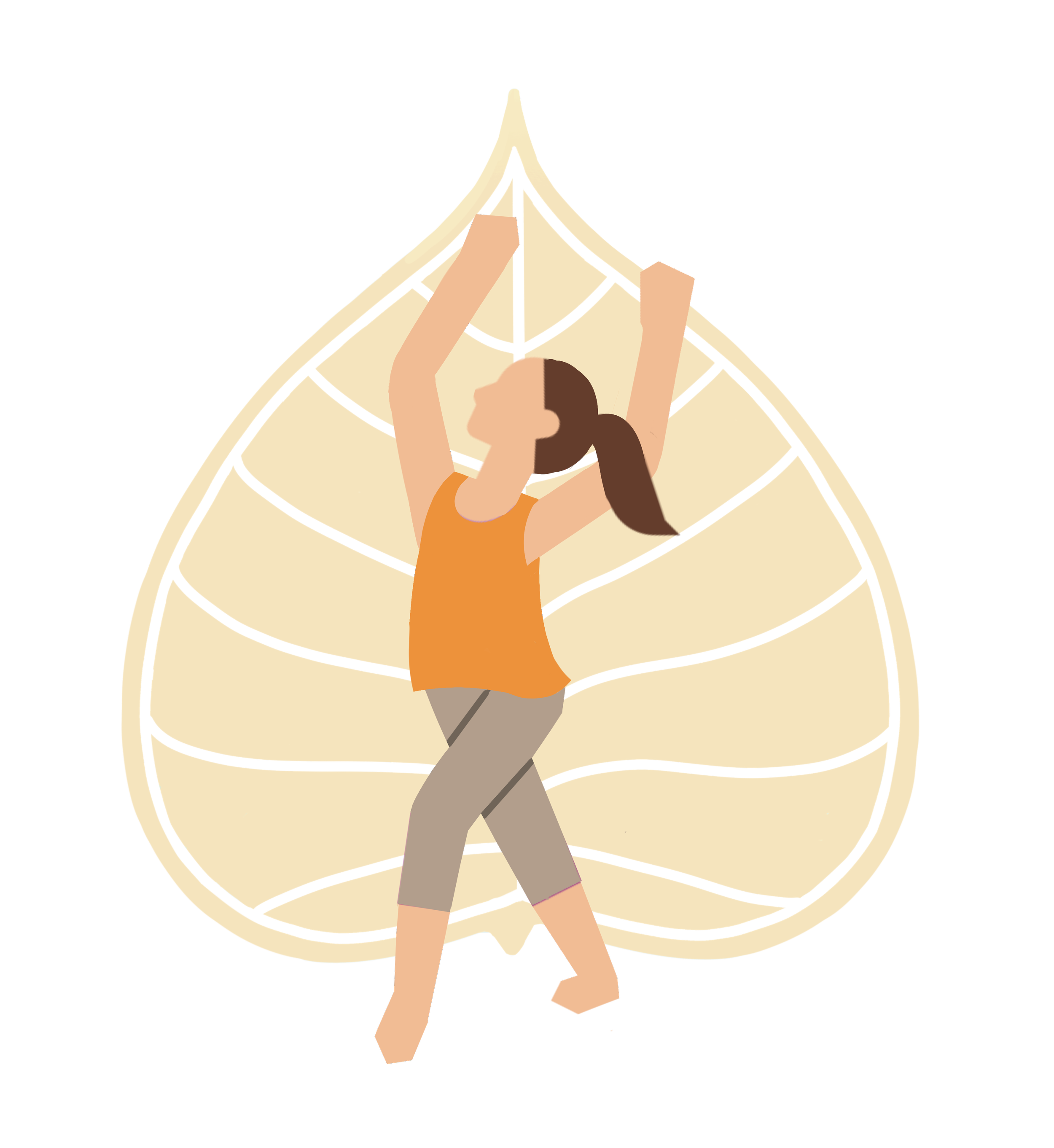A woman with brown hair in a ponytail, wearing an orange tank top and beige pants, stretching her arms upwards in front of a large, stylized leaf with black outlines.