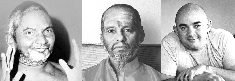 Black and white portraits of three meditation masters, each with distinct facial features, in different poses.