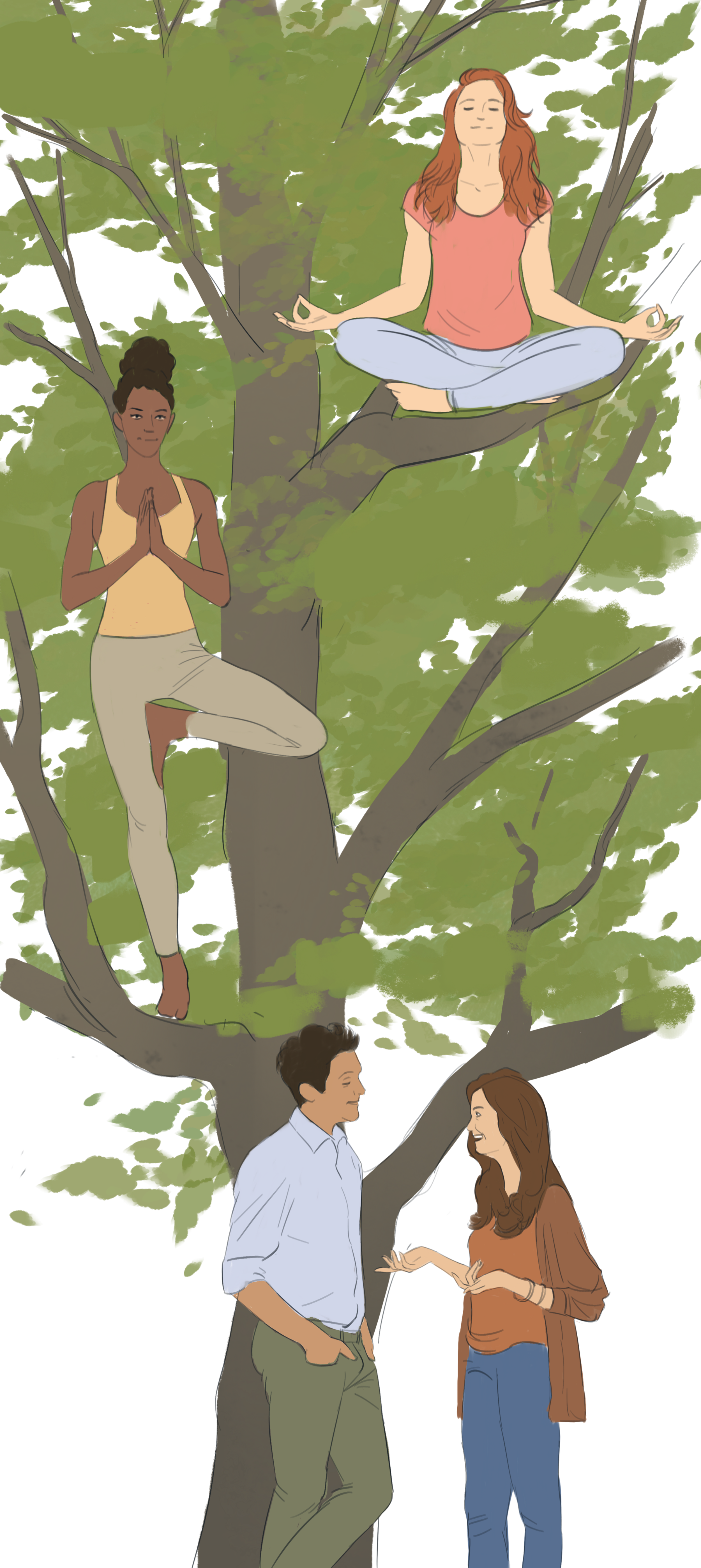 Three people in a tree; one person meditating on a branch, another practicing yoga on a different branch, and a man and woman talking on the ground.