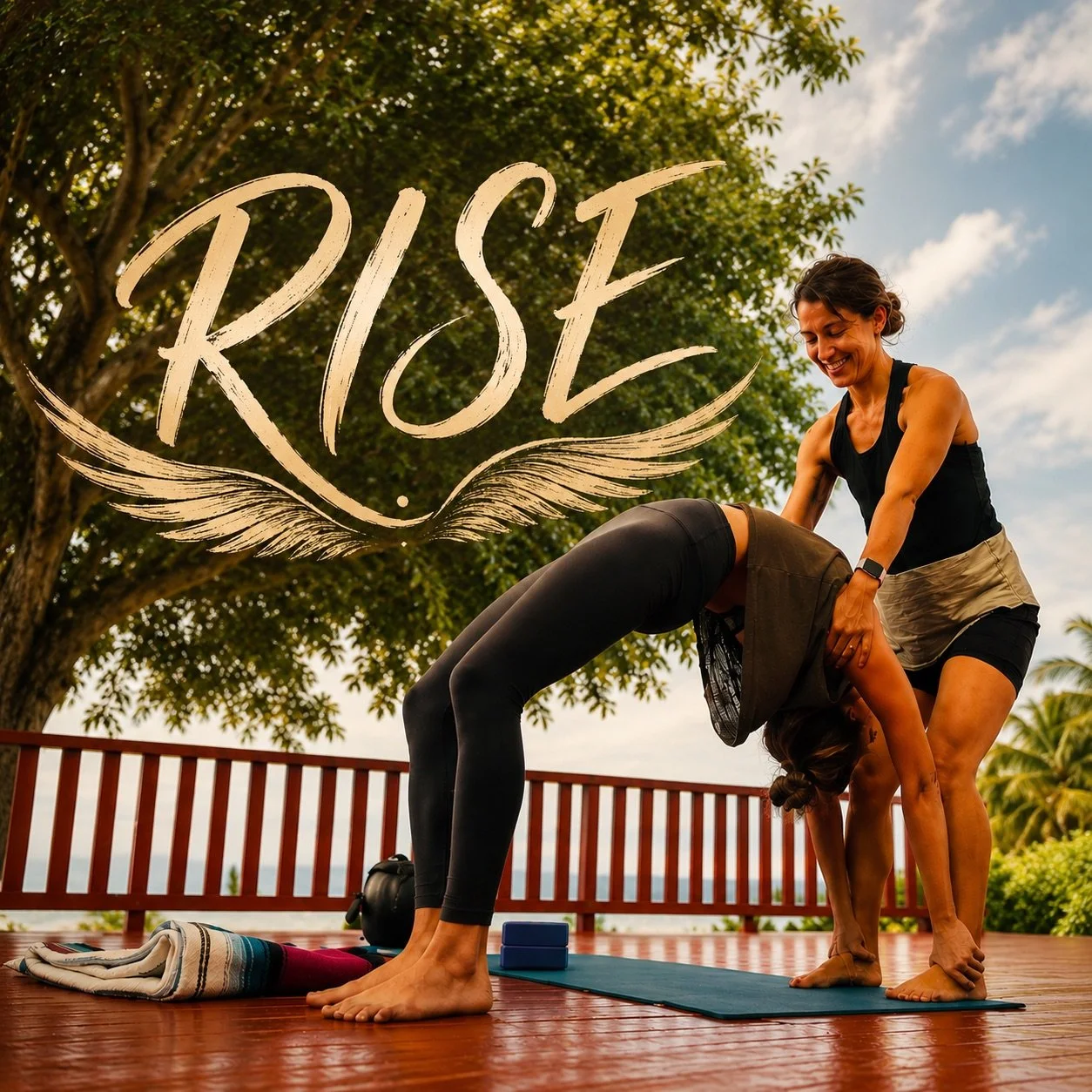 Rise training artwork showing a yoga teacher supporting a student in a backbend on the Konalani practice deck.