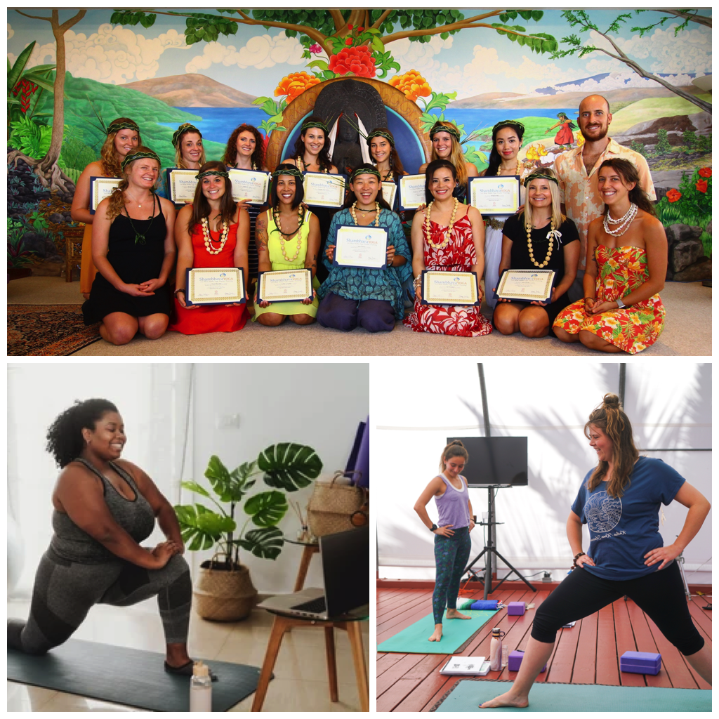 Top: Group of women and two men in colorful Hawaiian dresses holding certificates, posing in front of a tropical mural with a volcano and ocean. Bottom left: Woman practicing yoga in a room with a large potted plant, wearing gray workout clothes. Bottom right: Two women doing yoga in a studio with a wooden floor, one in purple and one in blue, on yoga mats with yoga blocks and a TV screen in the background.