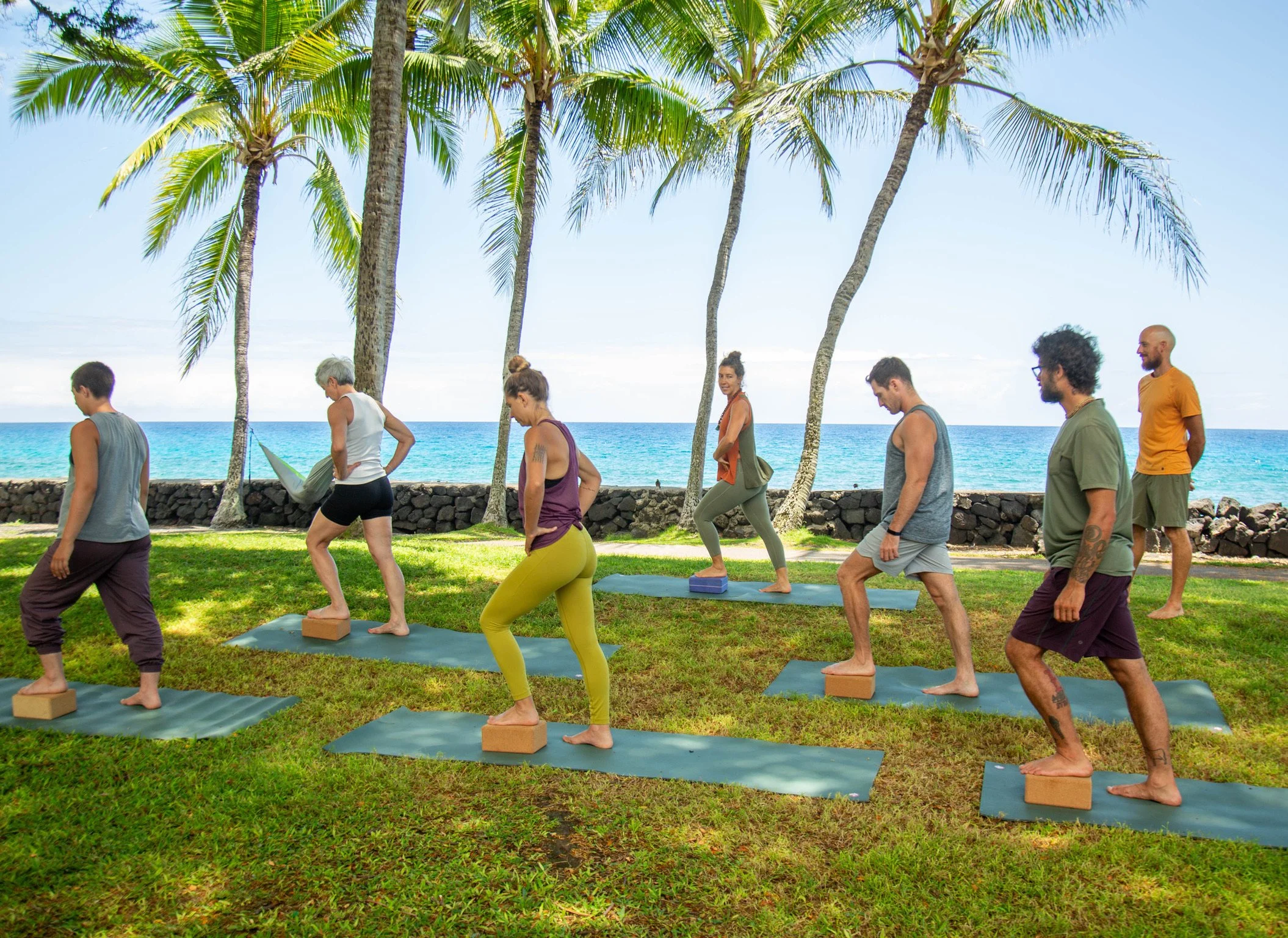 Group of people practicing yoga outdoors on a grassy area near the beach with palm trees and ocean in the background.