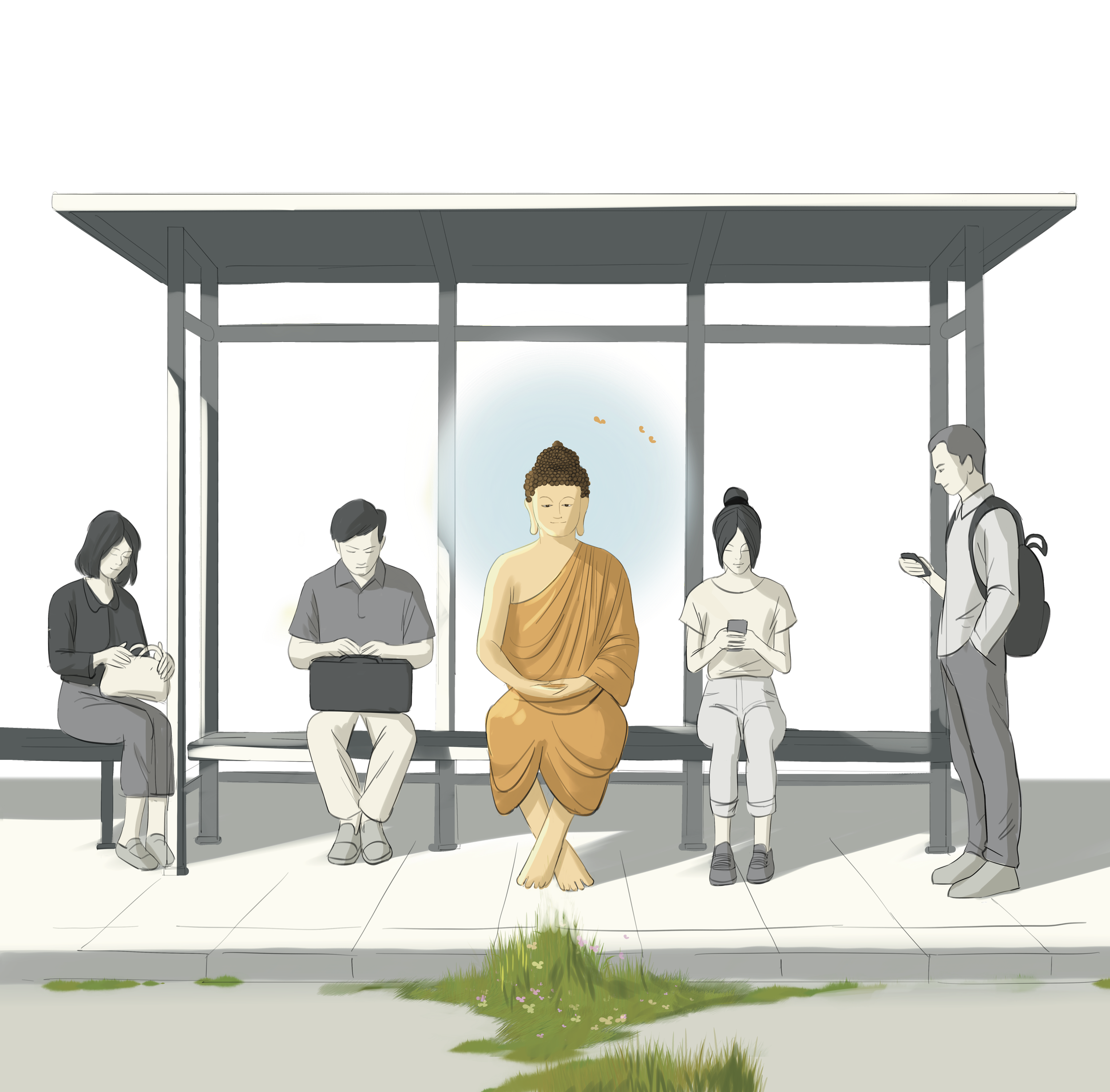 Buddha meditating cross-legged at a bus stop bench with people around on their phones, grass and flowers growing in front of the bench, city background.