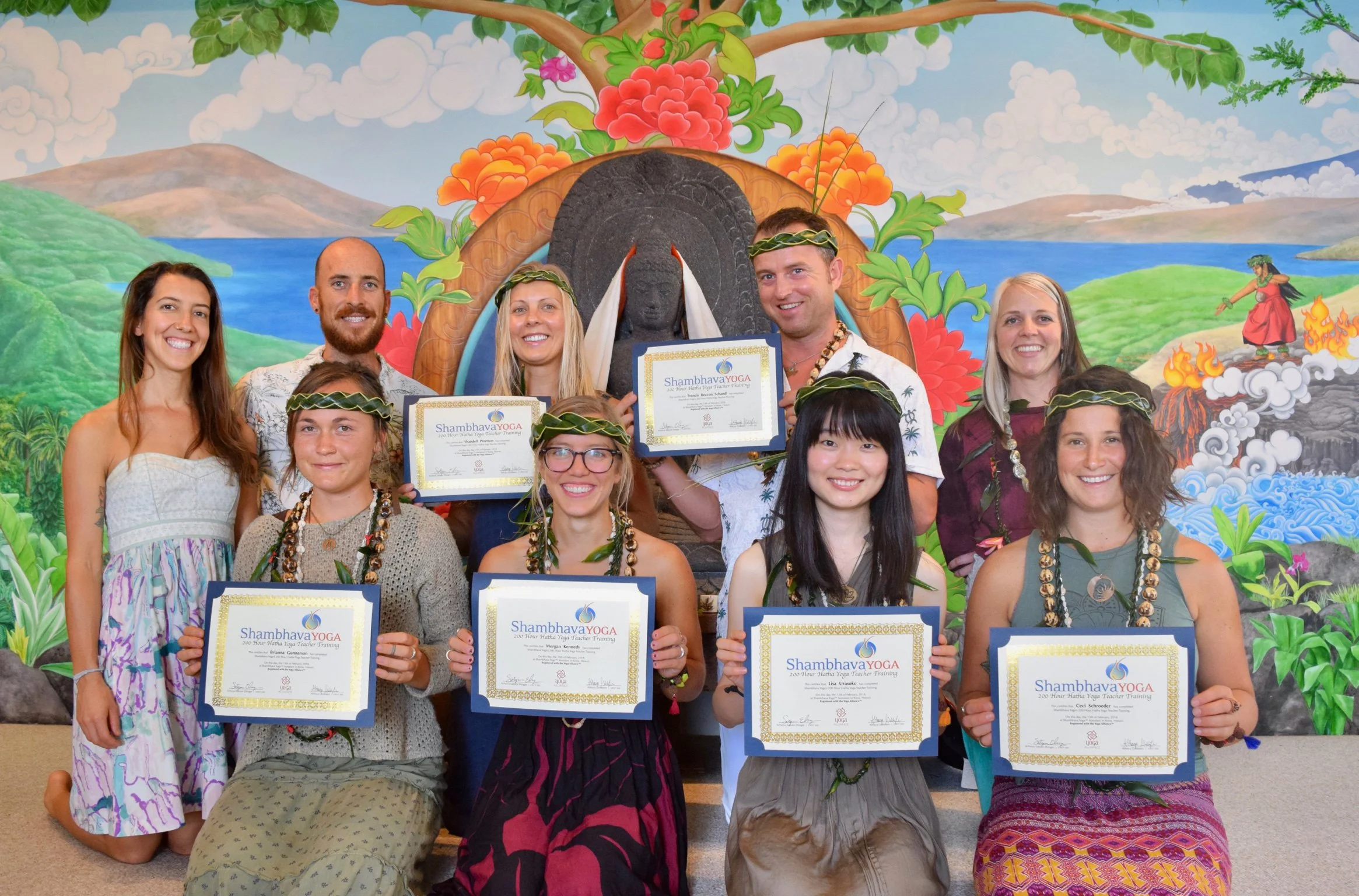 Konalani yoga teacher training graduates holding their certificates.