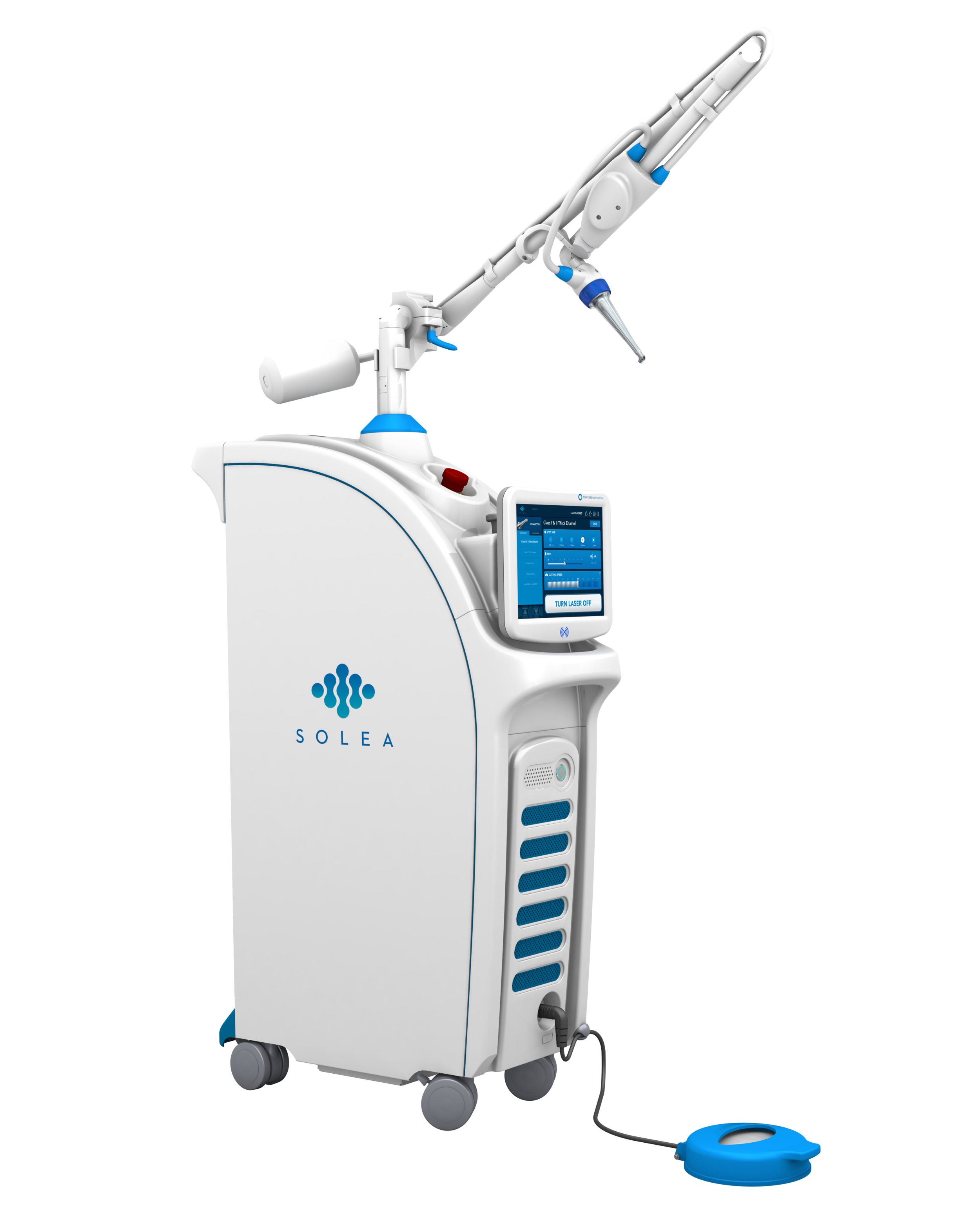 A medical laser device named SOLEA with a touchscreen display, control panel, and robotic arm, connected to a foot pedal, used in dermatology or laser treatments, set against a black background.