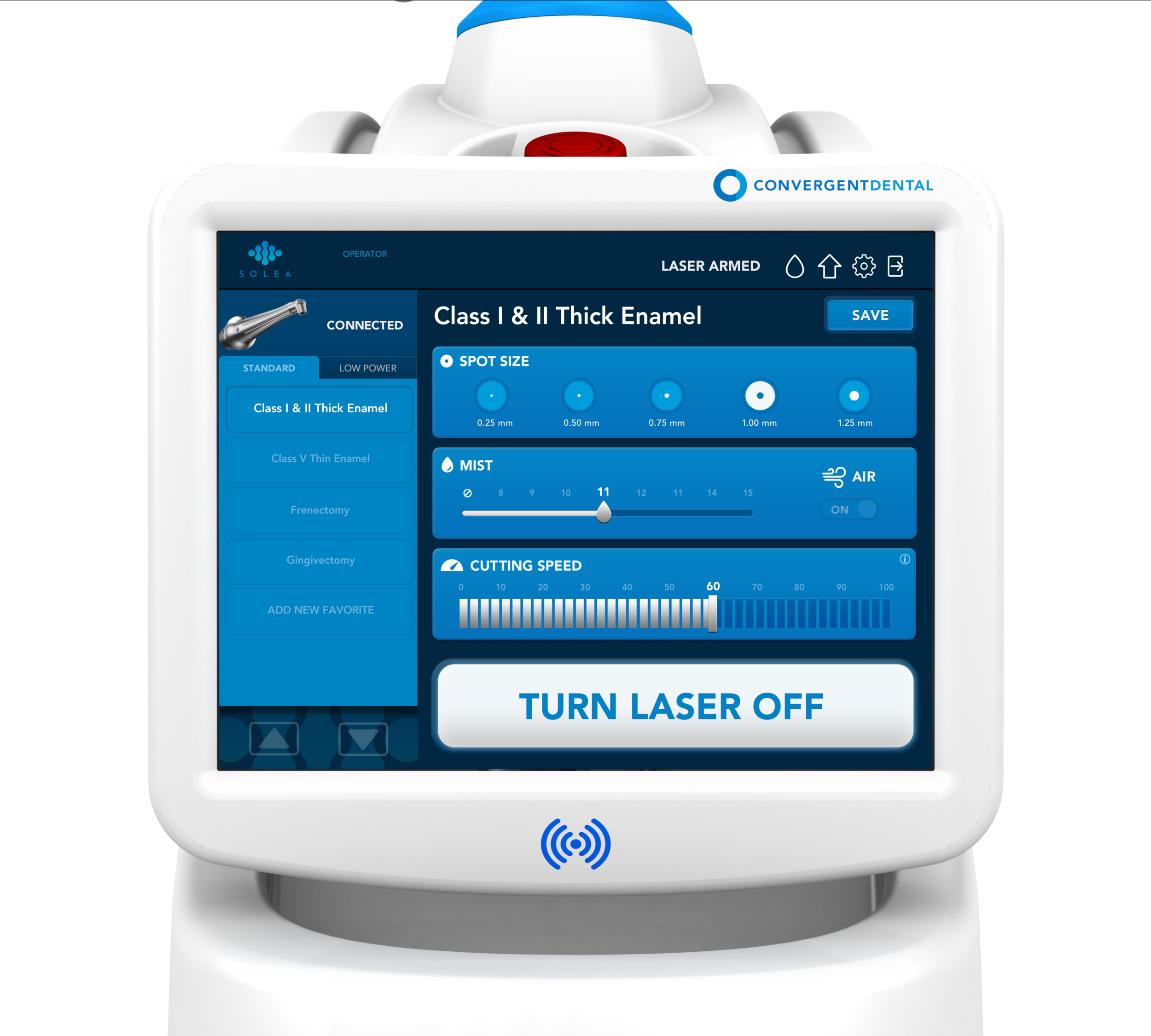 Dental laser device with a digital screen displaying options for Class I & II Thick Enamel, featuring a start/stop button, various control buttons, and a wireless charging symbol.