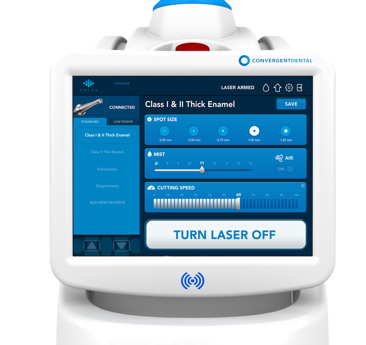 Dental laser system interface displaying settings for laser operation, including spot size, mist and air control, and cutting speed, with a "Turn Laser Off" button.
