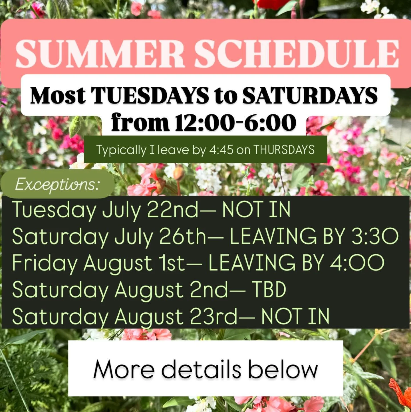 Hey y’all, Summer is here and things are getting BUSY.
I am still operating Tuesdays to Saturdays from 12:00-6:00, however I am but a one-man-show so sometimes I am not available to come in, or I have to leave early. In an attempt to prevent w