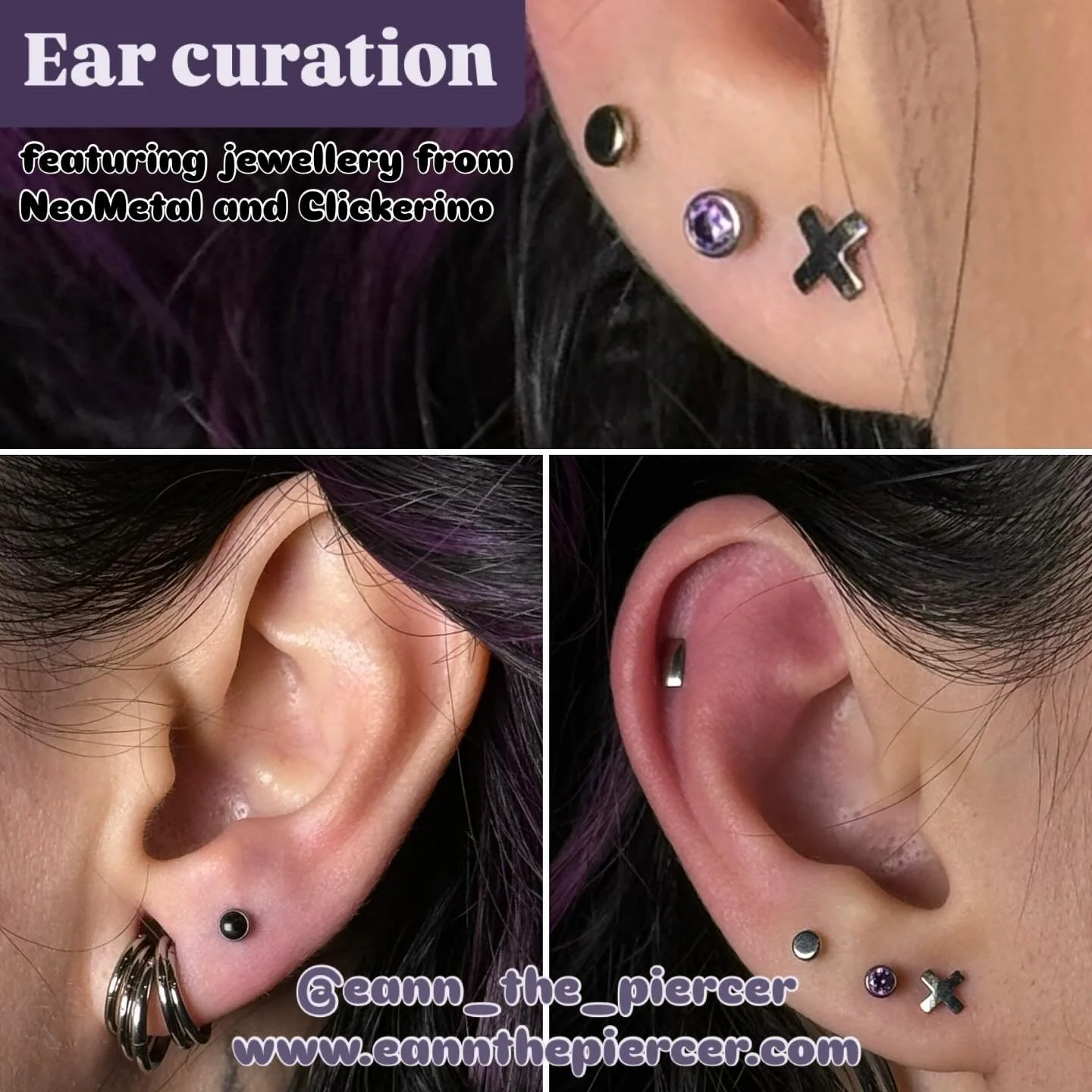 Amora came in with a few piercings that were begging for an upgrade. Here’s what we did:
In her right ear, we have lobes with a 5mm “X” shape, 3mm bezel-set “fancy purple” gem, a 3mm titanium disk, and in her helix a 5m