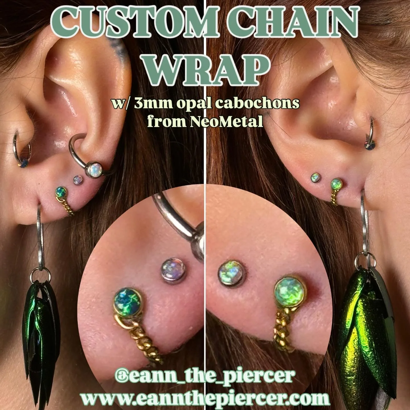 New jewellery for Emma!
We went with two 3mm opals from @neometaljewelry . Peacock opal on the left, and lime green opal on the right. I love how those colours compliment each other, as well as the dangly earrings and other opals already in their co