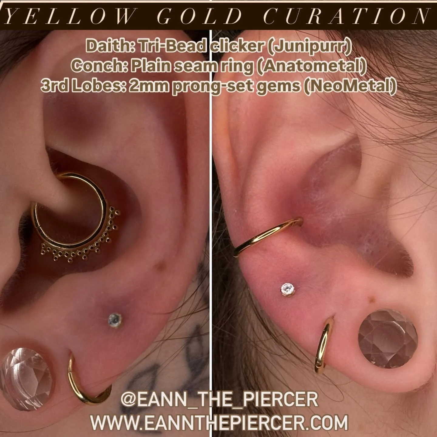 The next step in Marissa’s ear evolution is complete!
Last time I posted her ear, I had anodized the titanium piece that was in her conch. She wanted some real gold, but the anodization was a nice placeholder until she figured out exactly what