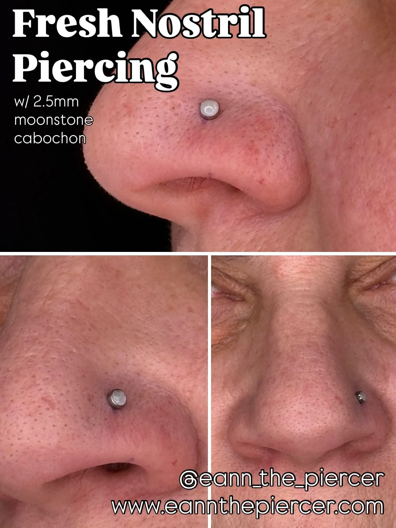 I never posted Deb’s nostril piercing when I did it back in May, so here it is when we did it fresh as well as what it looks like now with some new jewellery! (I’m sad that the pictures didn’t come out as nice with the green gem 😅)