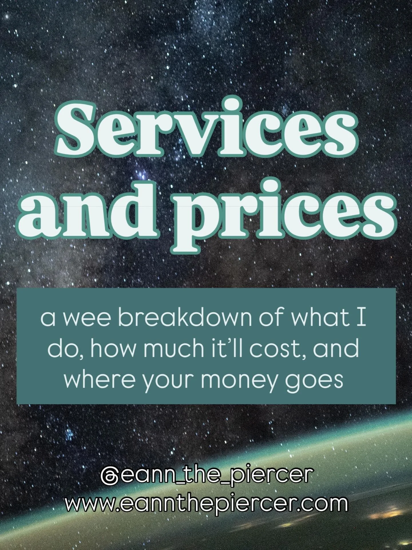 As a piercer, I provide a range of services.
I do most PIERCINGS, except for ones I deem too risky or otherwise unethical for me to do. There are always many unpredictable factors that go into successfully healing a piercing, but I will do my best to