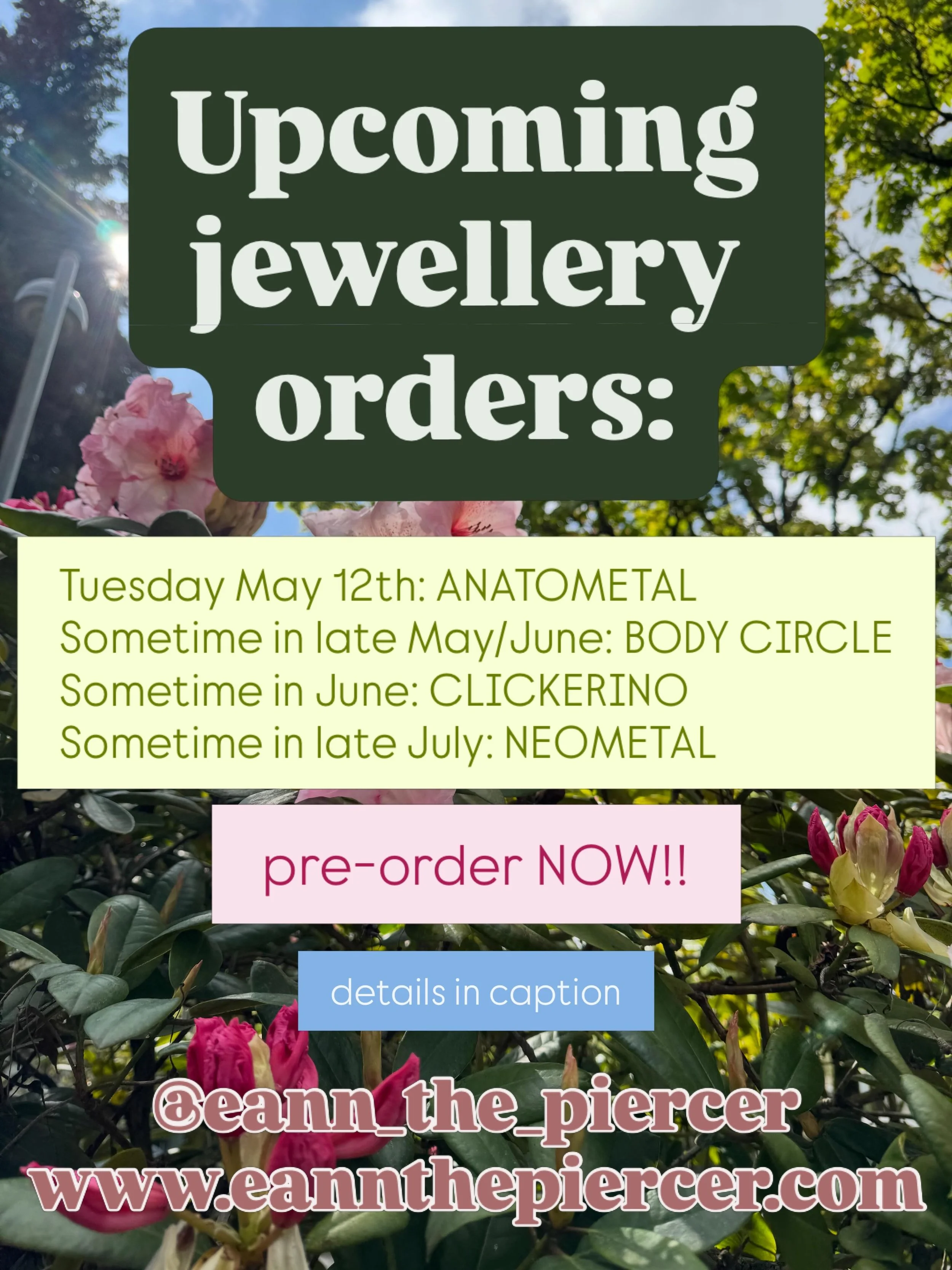 Hello folks, it&rsquo;s that time again where I&rsquo;m about to drop a bunch of money on inventory 💸
You know what that means?
IT MEANS IT&rsquo;S TIME FOR YOU TO PRE-ORDER!!!

I&rsquo;ll be placing an order with @anatometalinc on Tuesday May 12th.