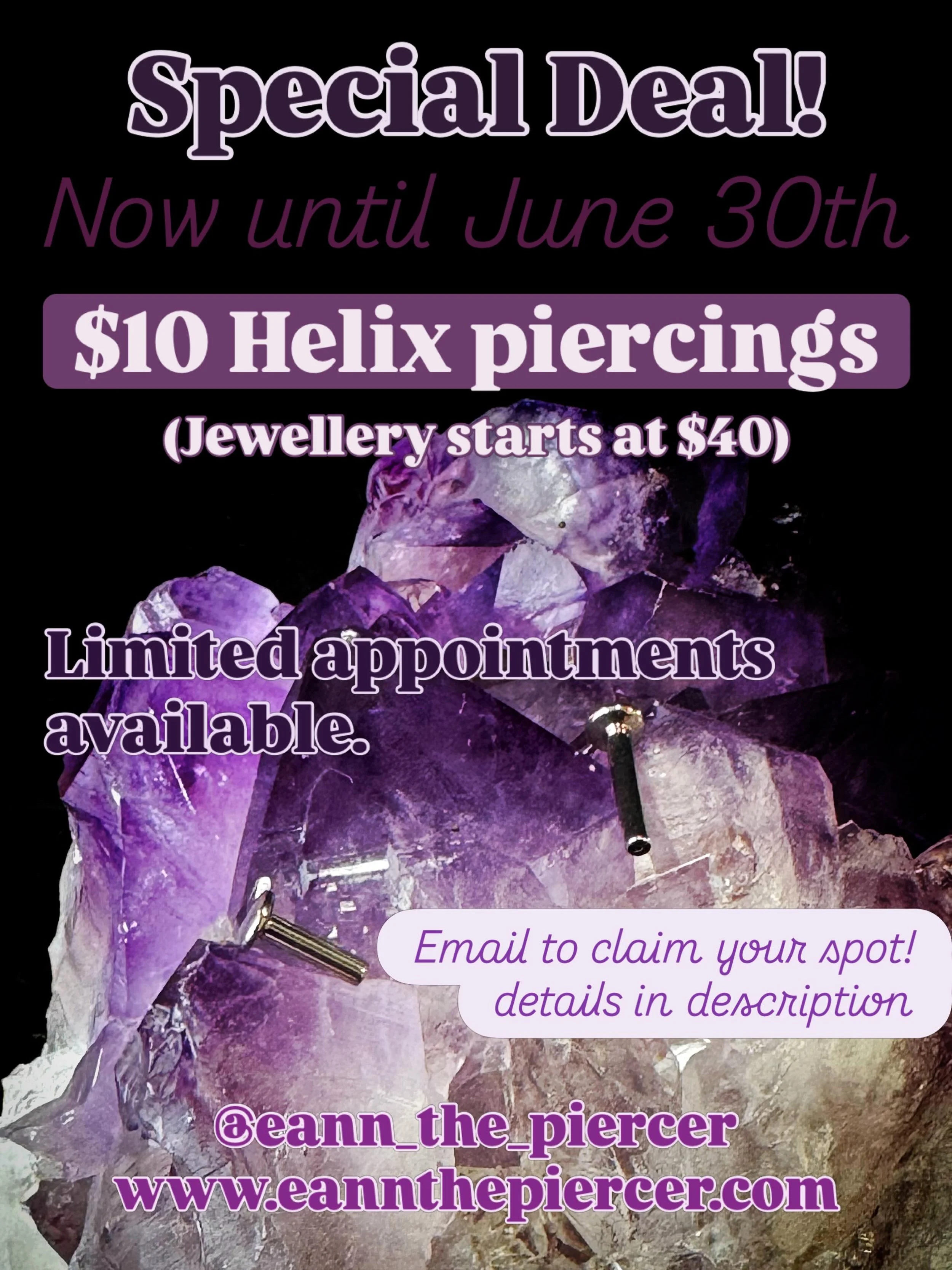 ✨ Hey I got a sweet deal for you! ✨

I&rsquo;ve been wanting to try an alternative technique for cartilage piercings, and I would like to gather some more data about the healing process. So that&rsquo;s where y&rsquo;all come in!

Here&rsquo;s the de