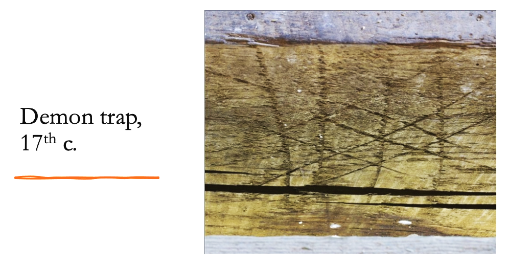 Demon trap, 17th century: Hatch marks carved into old wooden floorboards