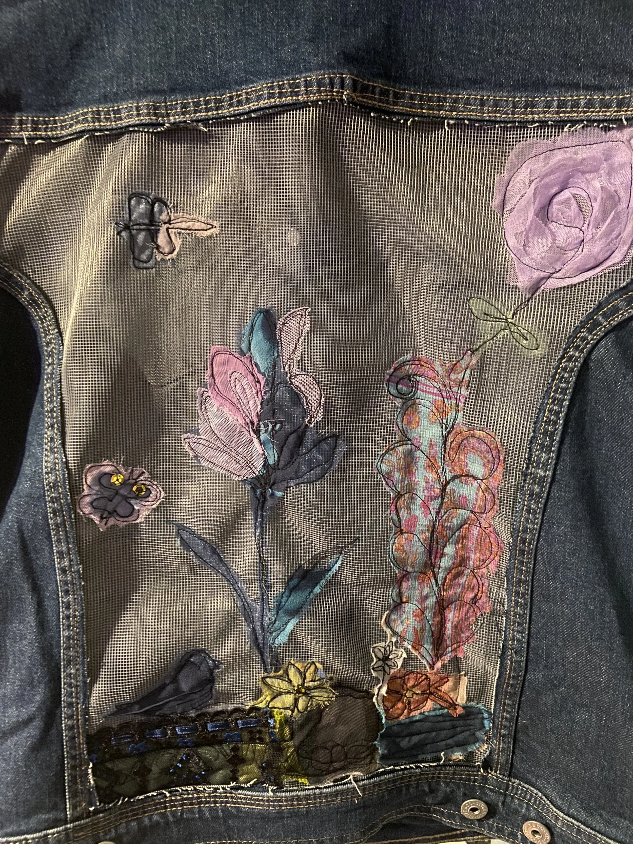 Spring garden on medium blue denim jacket (In stock)