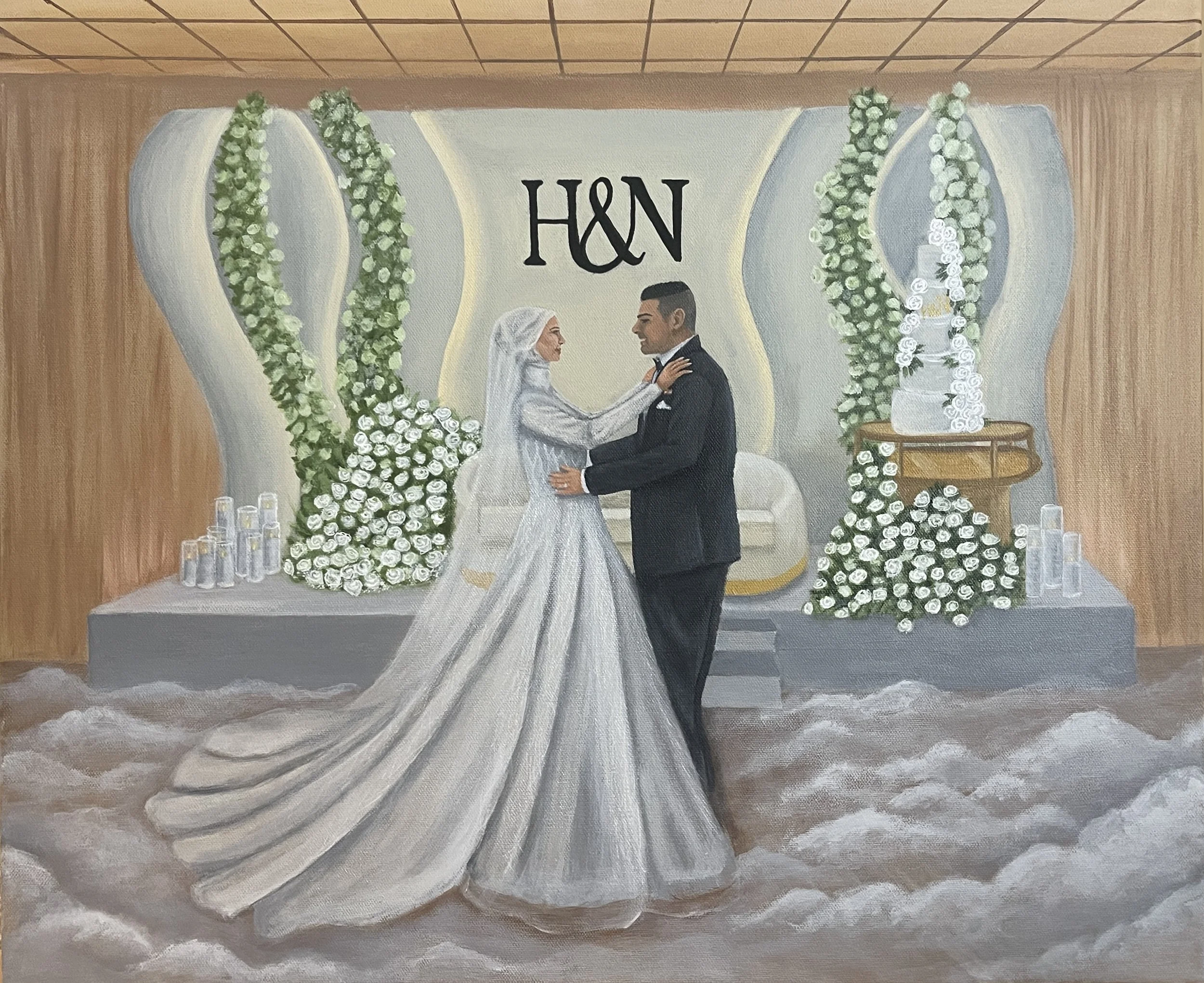 A painting of a wedding couple dancing in front of a floral backdrop surrounded by fog.