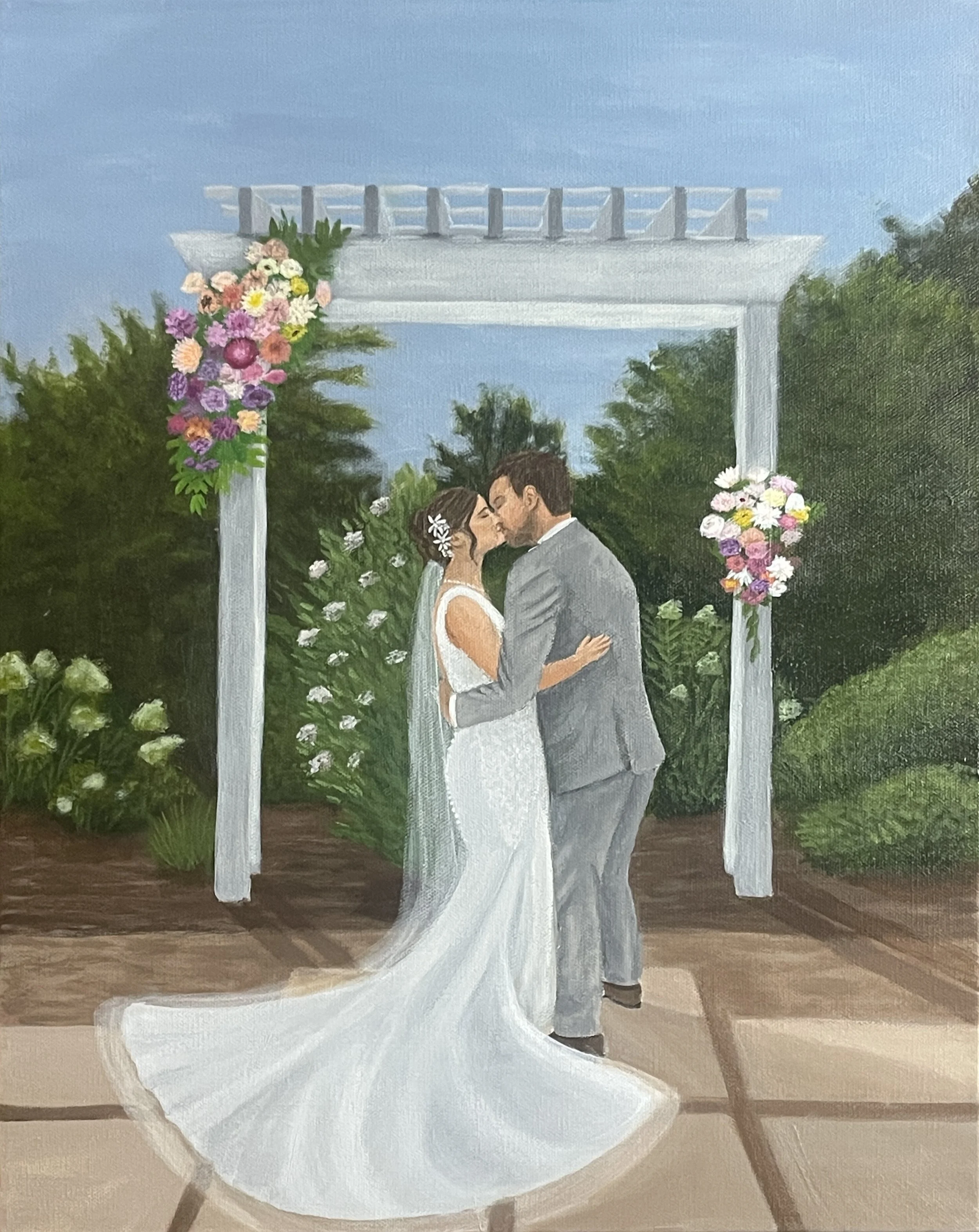 A painting of a bride and groom kissing under a decorated wooden arch in a garden setting.