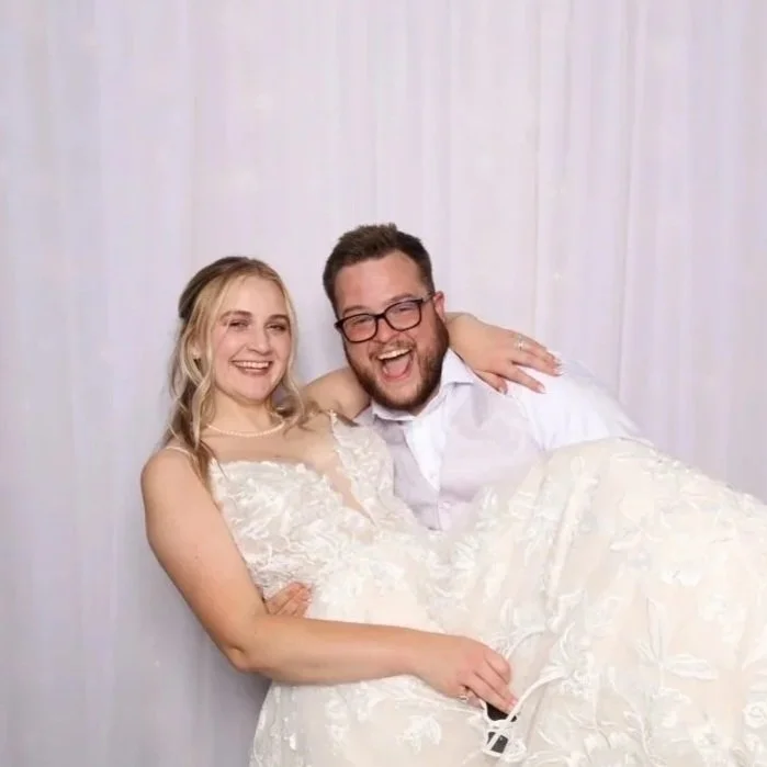 Photo booth collage of a couple in wedding attire with text "Taylor & Randy Bennett 2025" below.