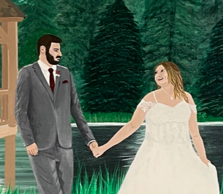 Painting of a bride and groom holding hands near a lake with trees in the background.