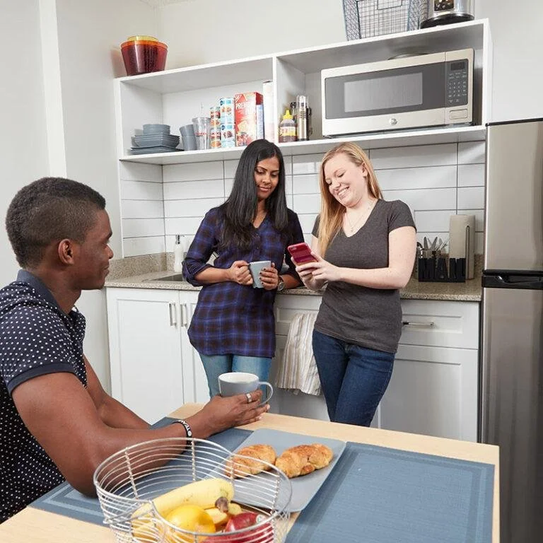Students gathering in a kitchen, two standing by the counter and one sitting at the table.