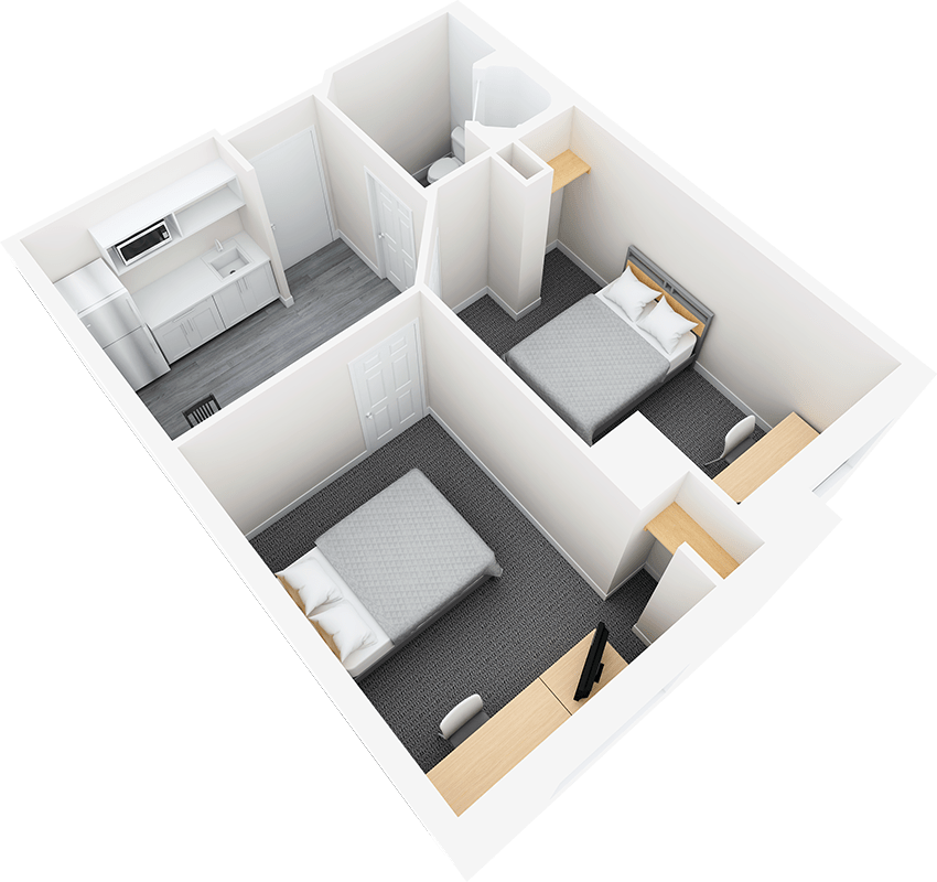 3D floor plan of a residence suite with two bedrooms, a kitchen, and a bathroom.