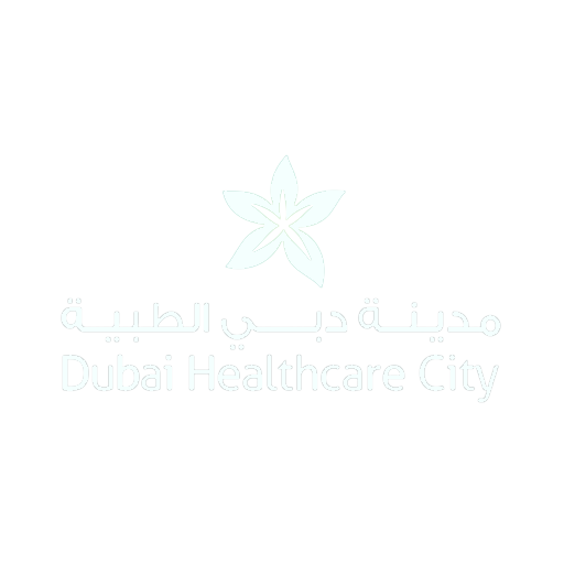 Logo of Dubai Healthcare City with a stylized leaf above the text.music composition, music composer, sound design, audio mixing, audio master, voice over recording