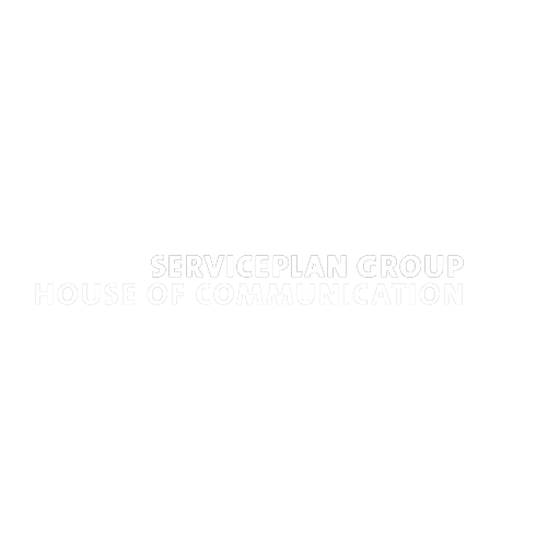 Logo with text reading 'ServicePlan Group House of Communication' in light gray font on a white background.