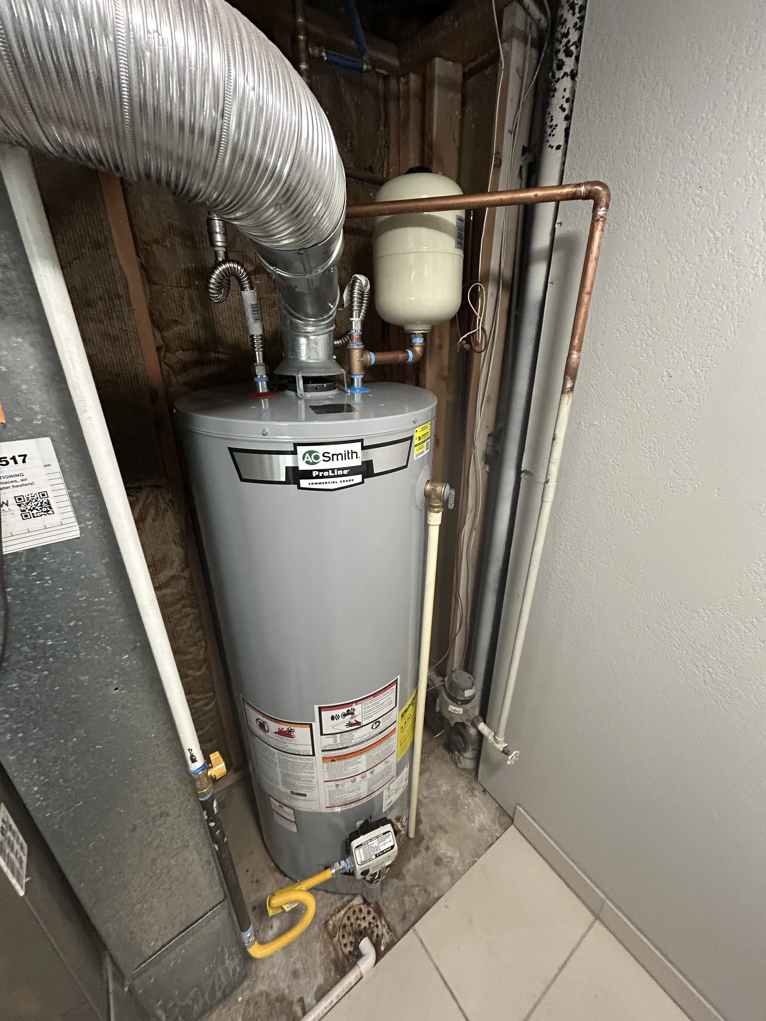 Residential water heater with connected pipes in a utility room, featuring a flue, pressure release valve, and expansion tank.