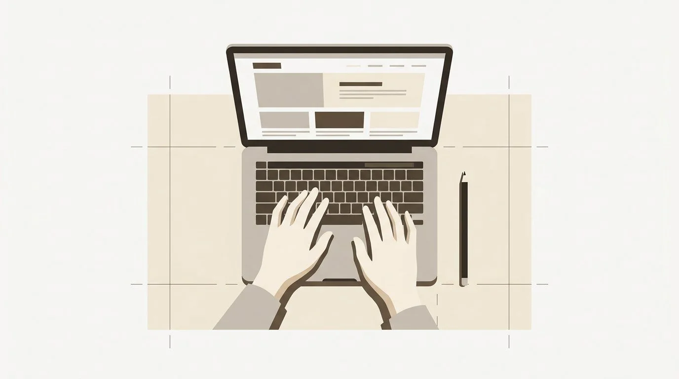 Designer's and business owner's hands working together over a laptop showing a clean website layout, in warm cream and brown tones.