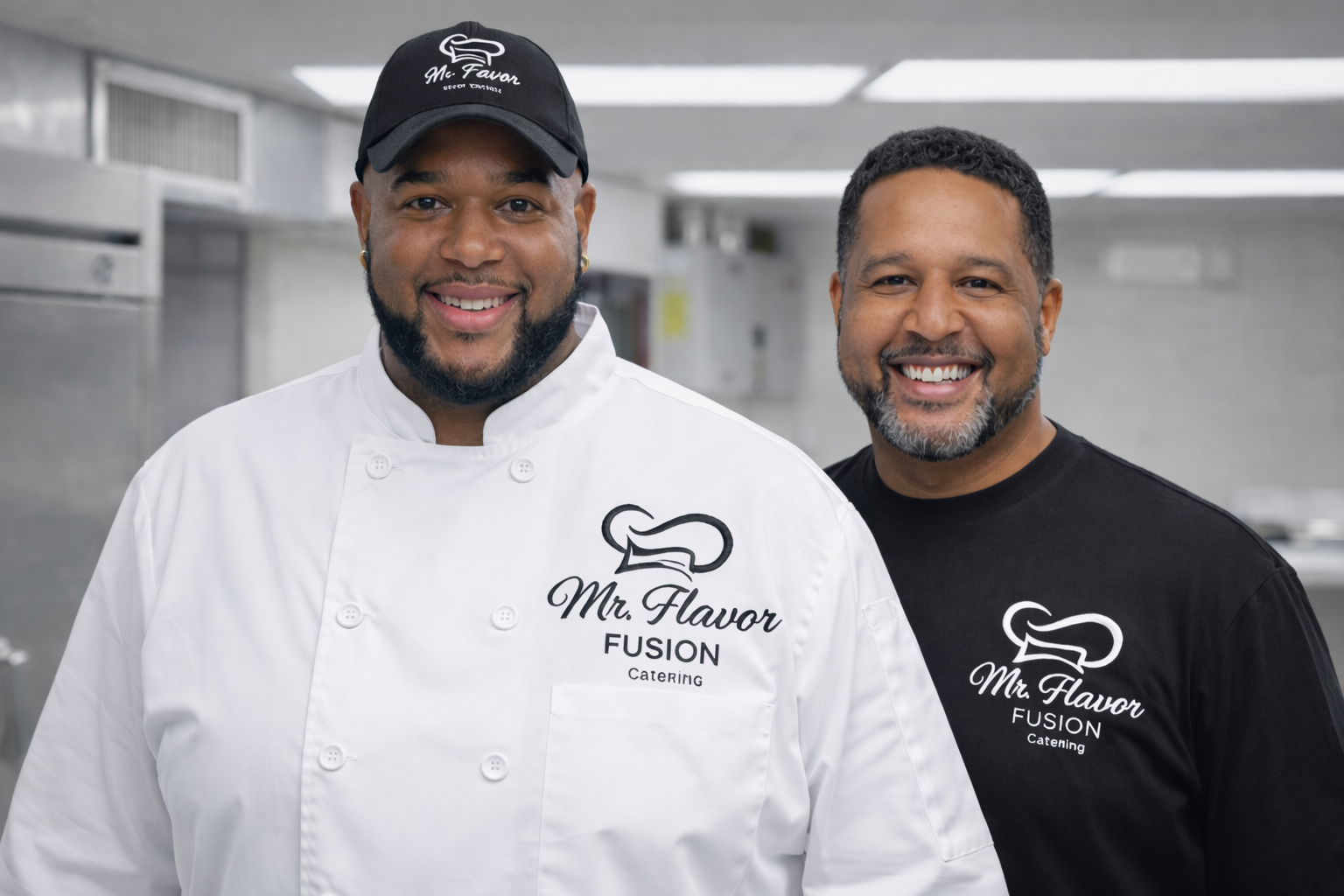 Two smiling men in a commercial kitchen, one wearing a chef's uniform and the other in a black t-shirt, both with 'Mr. Flavor Fusion Catering' logos.