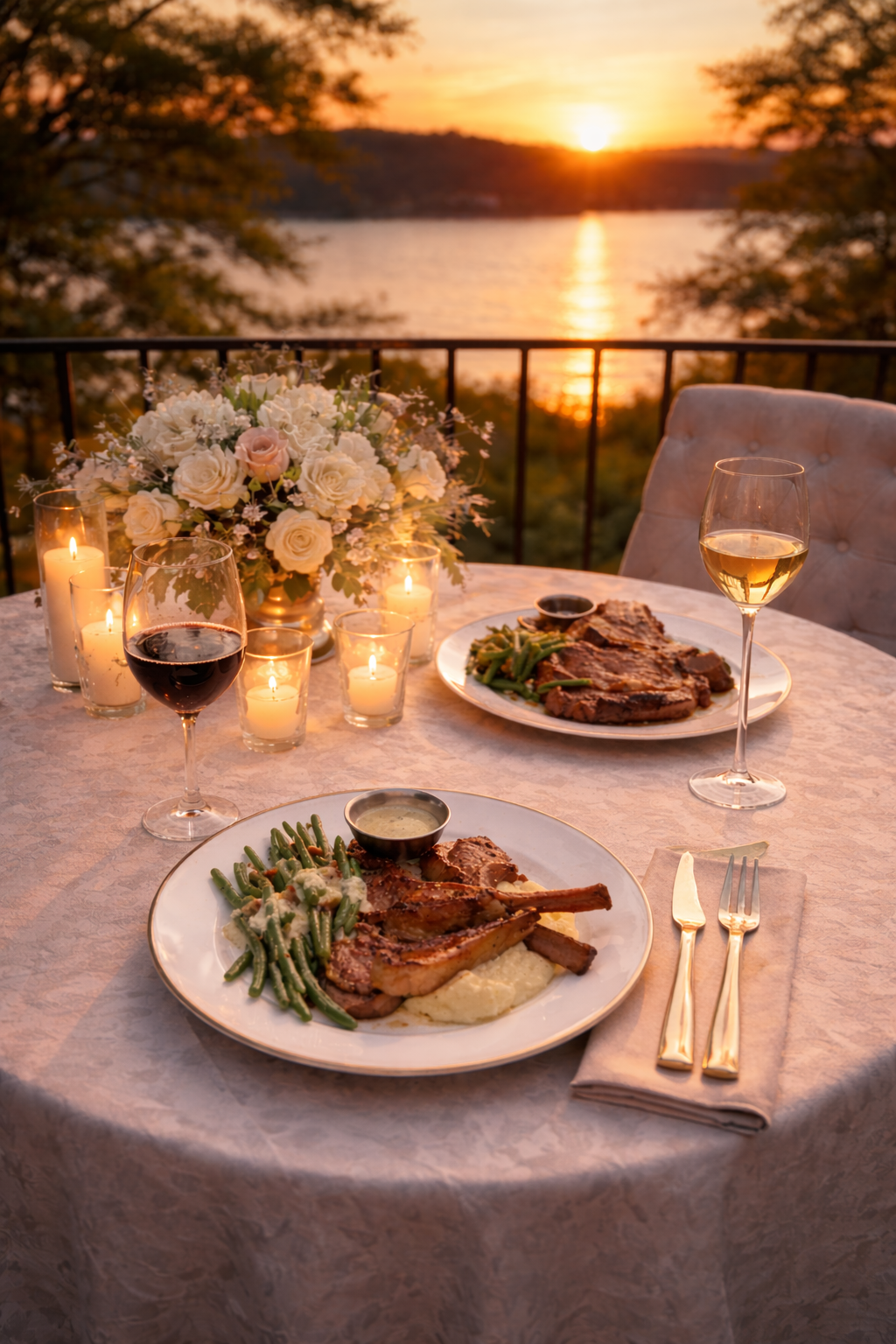 A table set with two plates of steak, green beans, and mashed potatoes, along with a glass of red wine and a glass of white wine, surrounded by lit candles and a floral centerpiece, overlooking a lake at sunset.