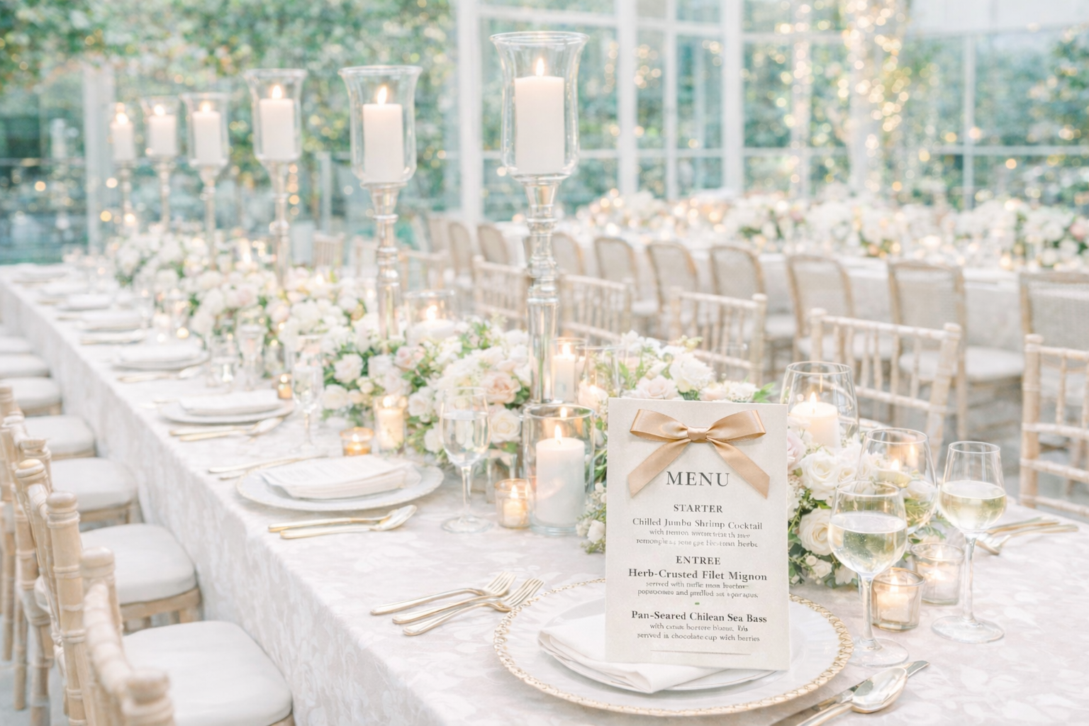 Elegant wedding reception table setup with floral centerpieces, candles, glassware, and a menu card in a sunlit conservatory or greenhouse.