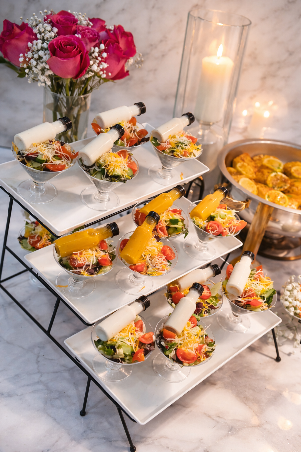 Appetizer display with salad in martini glasses topped with mini bottles of dressing, pink roses in a vase, a candle in a glass holder, and a tray of small food items in the background.