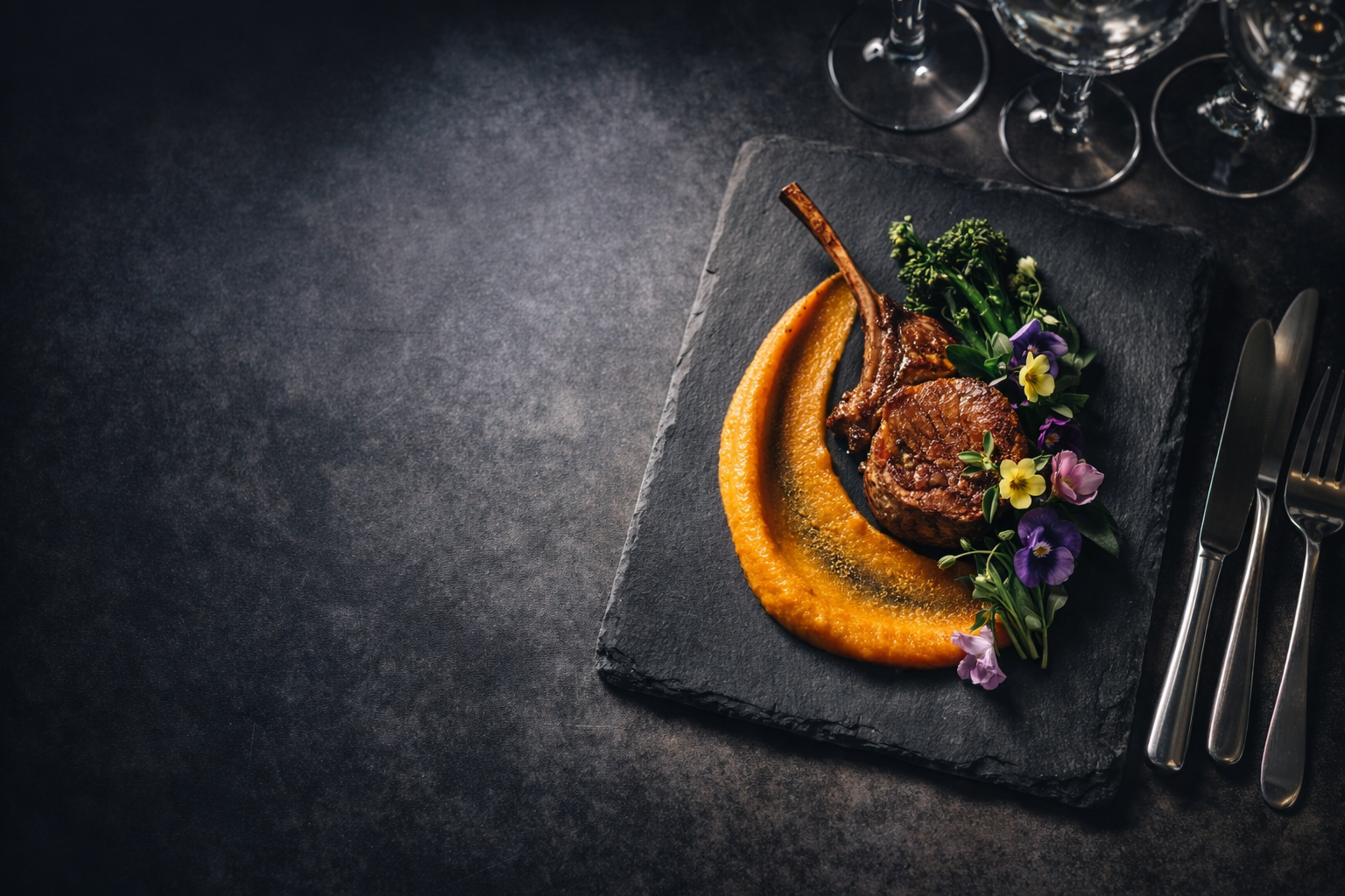 Mr. Flavor Fusion plate with grilled lamb chop, steak, orange sauce, green vegetables, and beautiful flowers. Metro Detroit Wedding Catering, Private Chef Detroit, Graduation Party Catering, or Corporate Lunch Catering