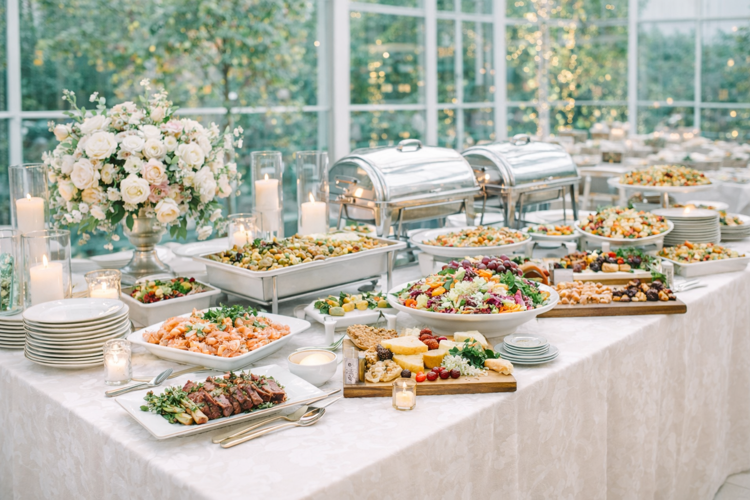 Buffet table with assorted salads, cold cuts, cheeses, and desserts, set in a bright conservatory with floral centerpiece and candles