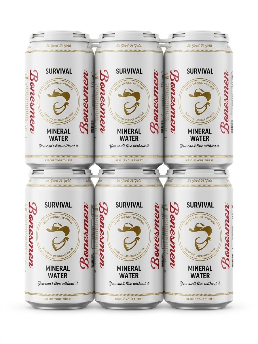 Six cans of Bonaqua mineral water arranged in two rows of three, featuring white packaging with gold and red accents, and a logo with a stylized hat and drink illustration.