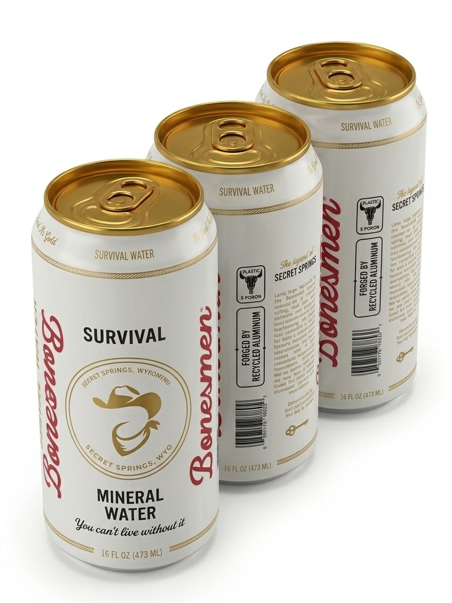 Three cans of Barely brand survival mineral water with gold pull-tabs and white and gold labels.