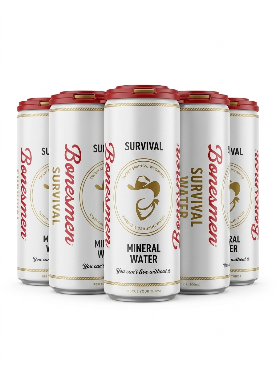 Six cans of Bawgnar Survival Mineral Water with red caps and white labels, arranged in a semi-circle, featuring a swan logo and the text "Survival" and "You can't live without it".