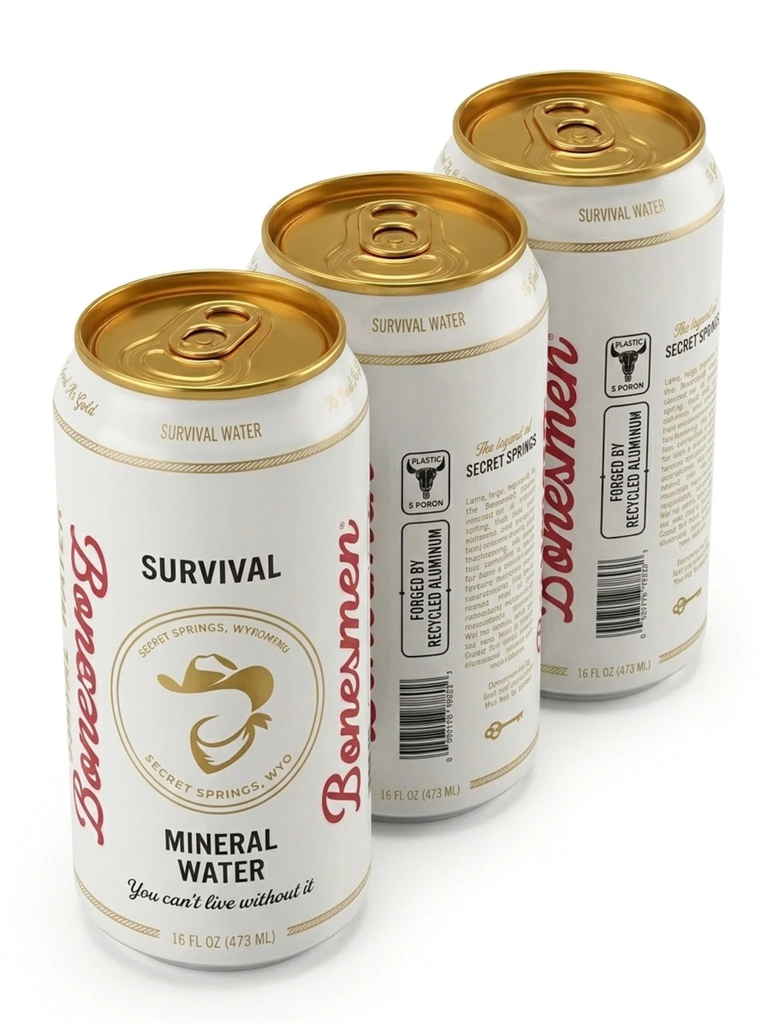 Three cans of Budweiser beer with gold tops, arranged in a row, showing labels for survival water and mineral water.