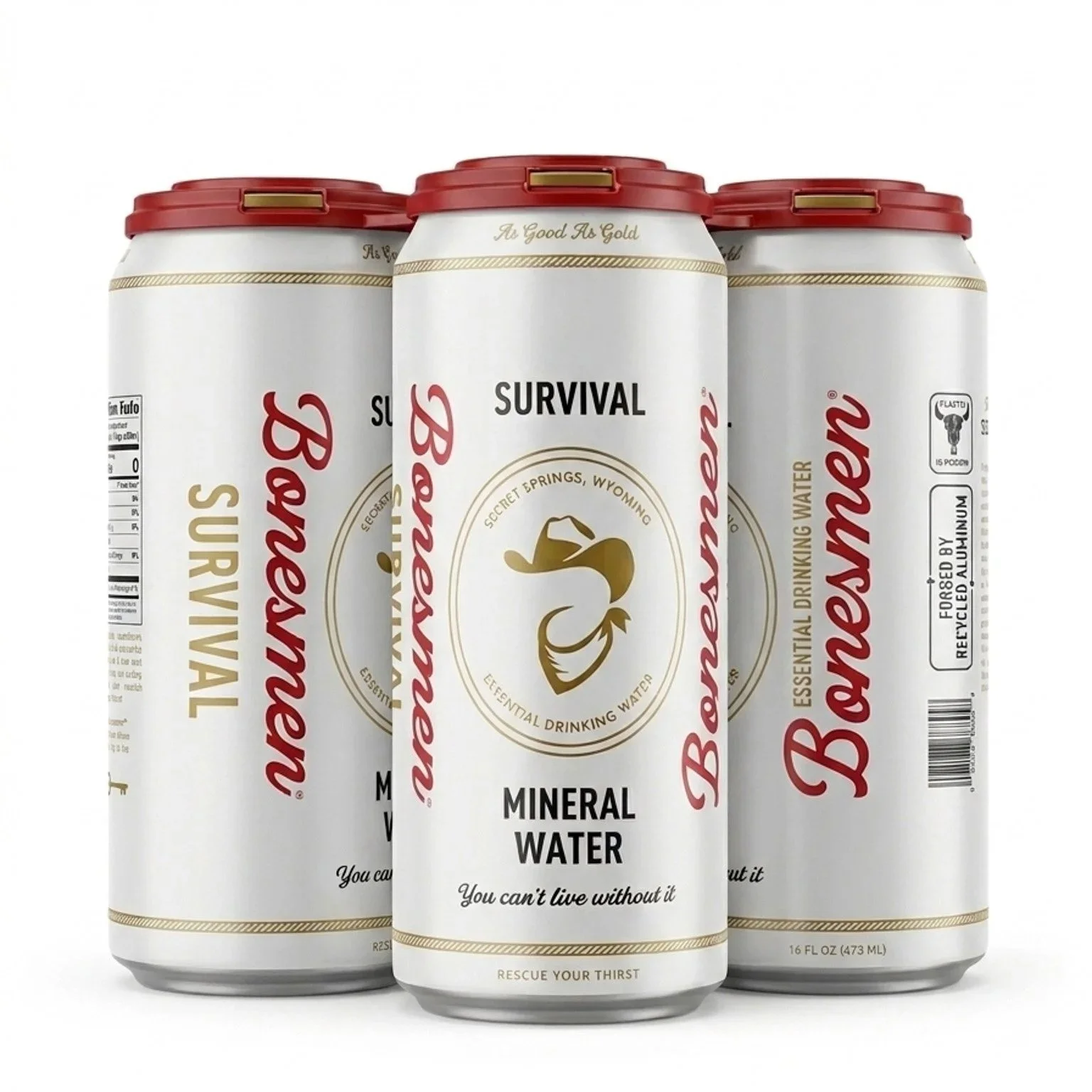 Four cans of Baumans mineral water arranged in a row, with white labels, red caps, and a gold and red logo featuring a stylized animal, and text indicating it as mineral drinking water.