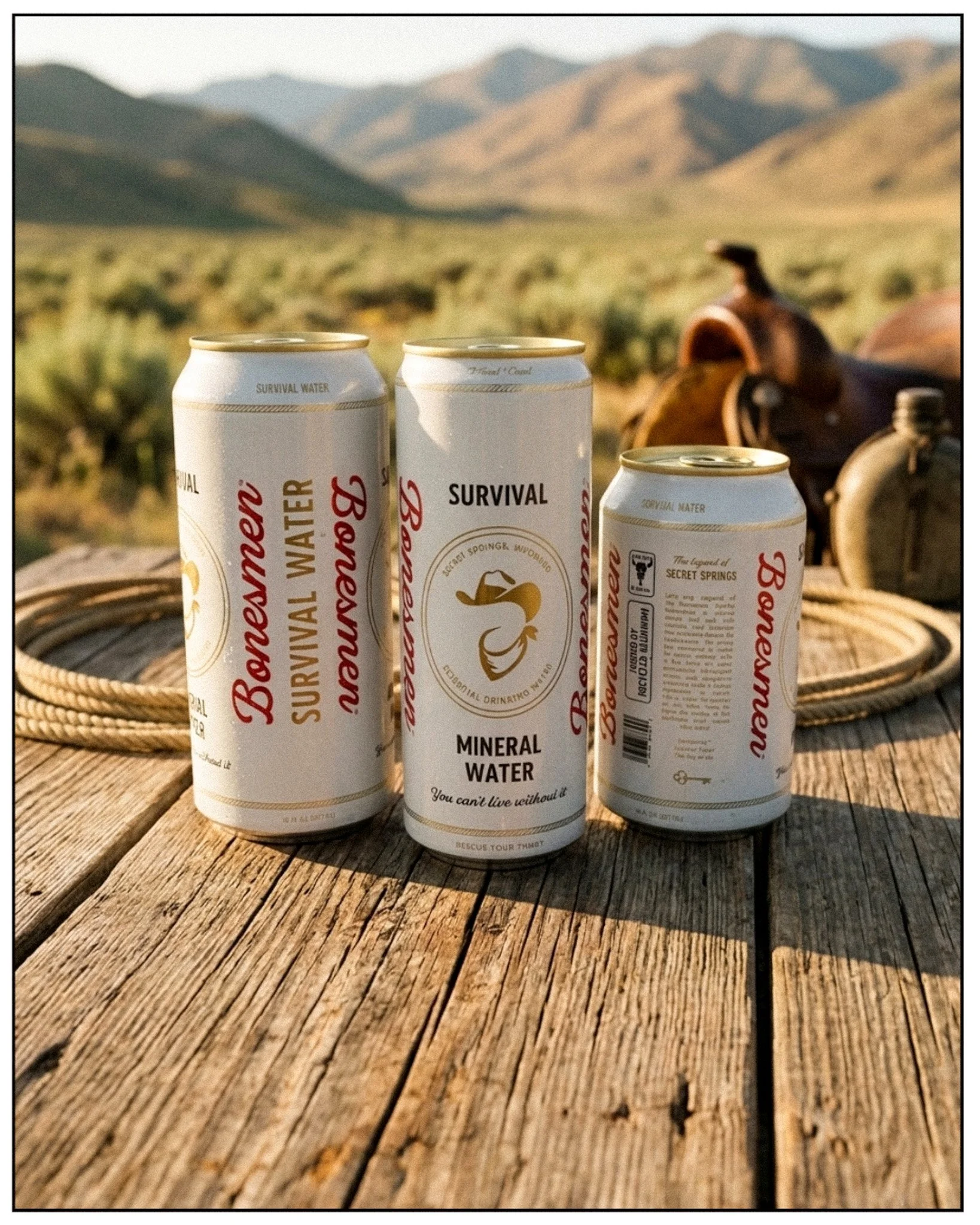 Three cans of survival water placed on a wooden surface outdoors with a desert landscape and mountains in the background.